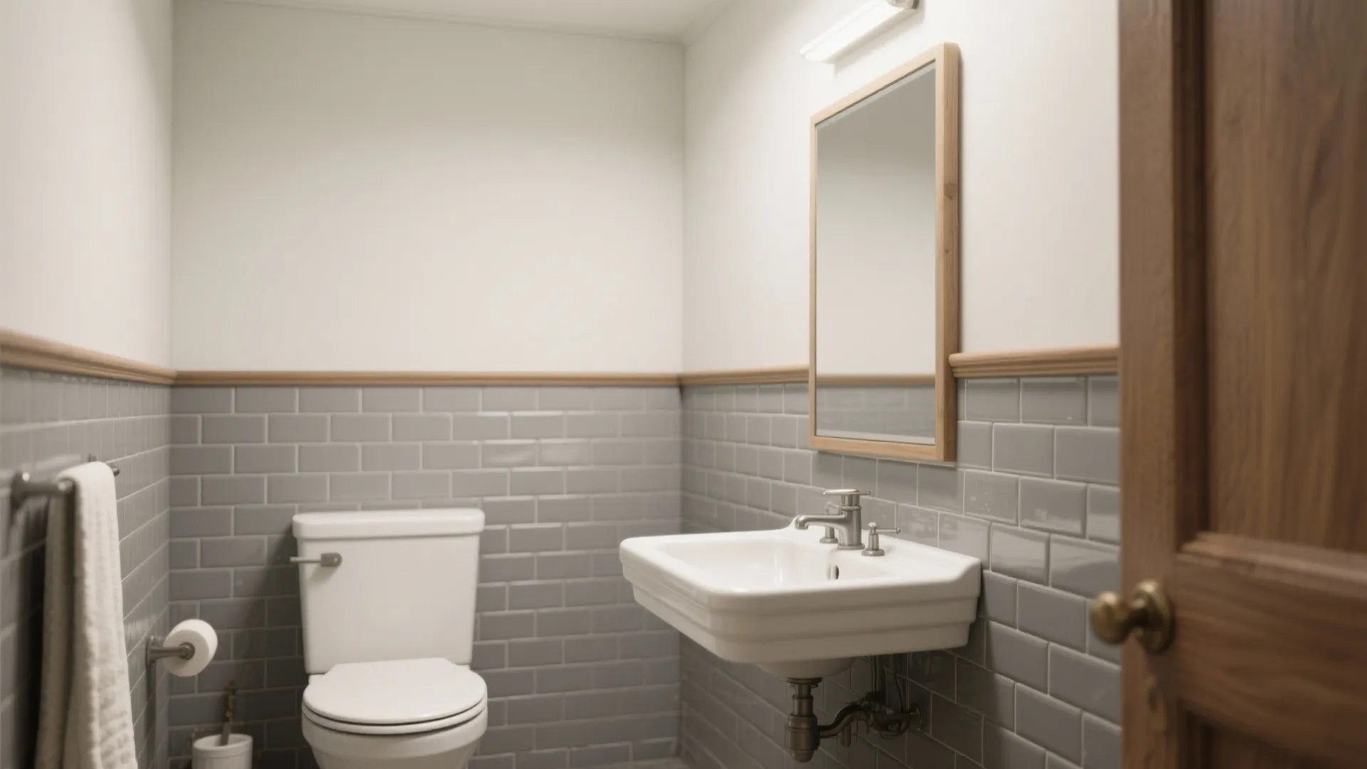 Two-tone small bathroom with gray subway tile to chair-rail and warm white painted upper walls