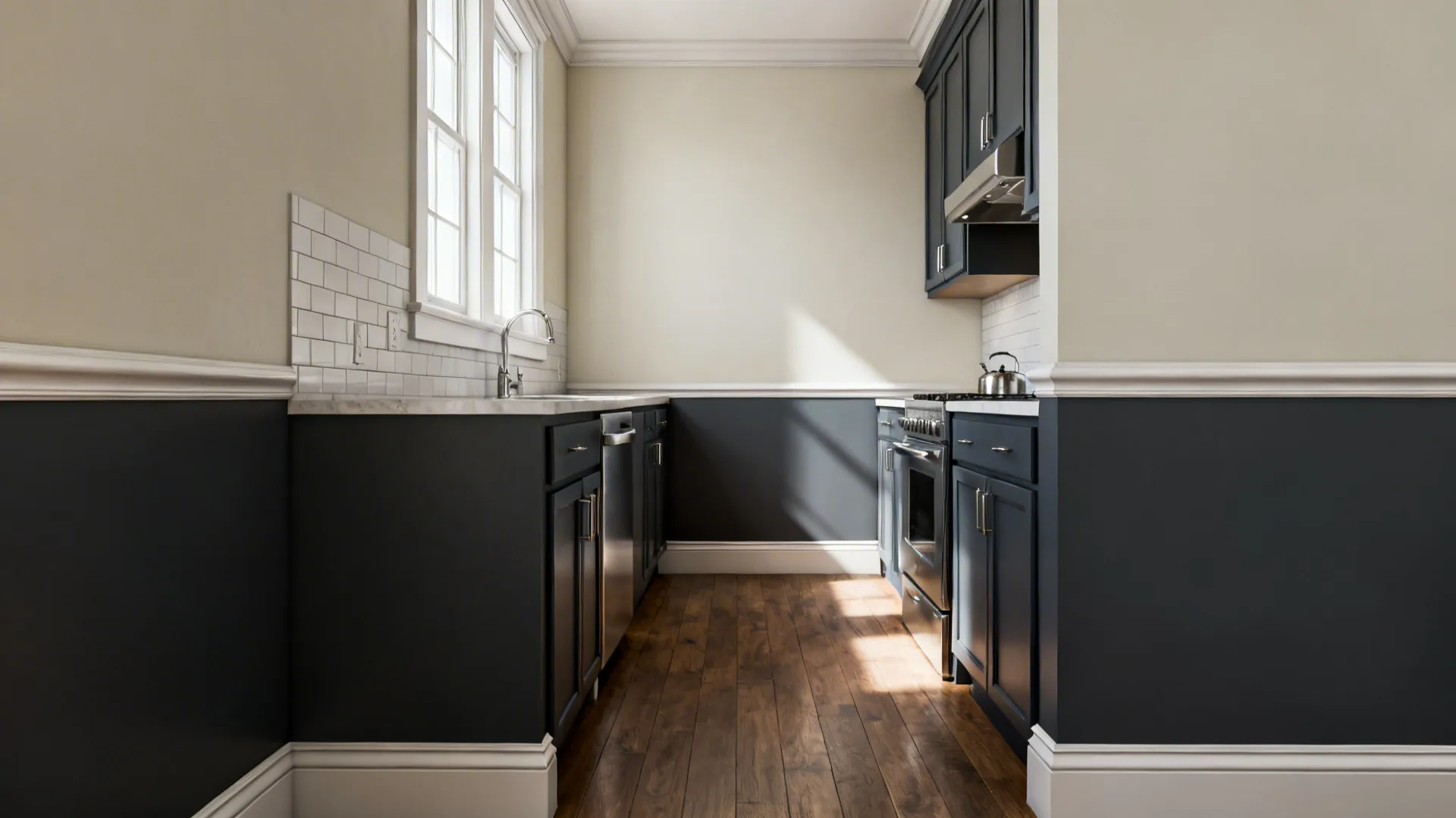 Galley kitchen with slate lower walls and light upper walls divided at chair-rail height.