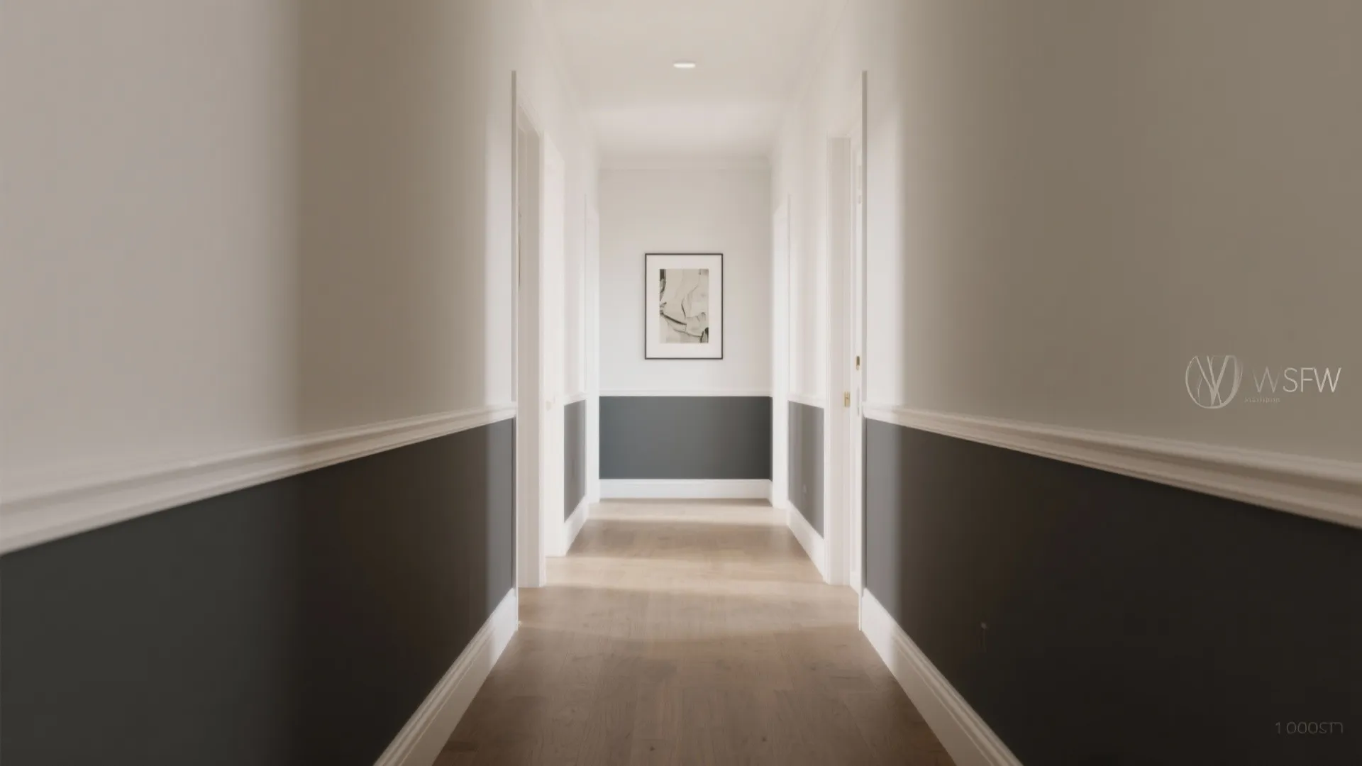 Modern hallway with dark grey wall panels white upper walls wood floor and framed art