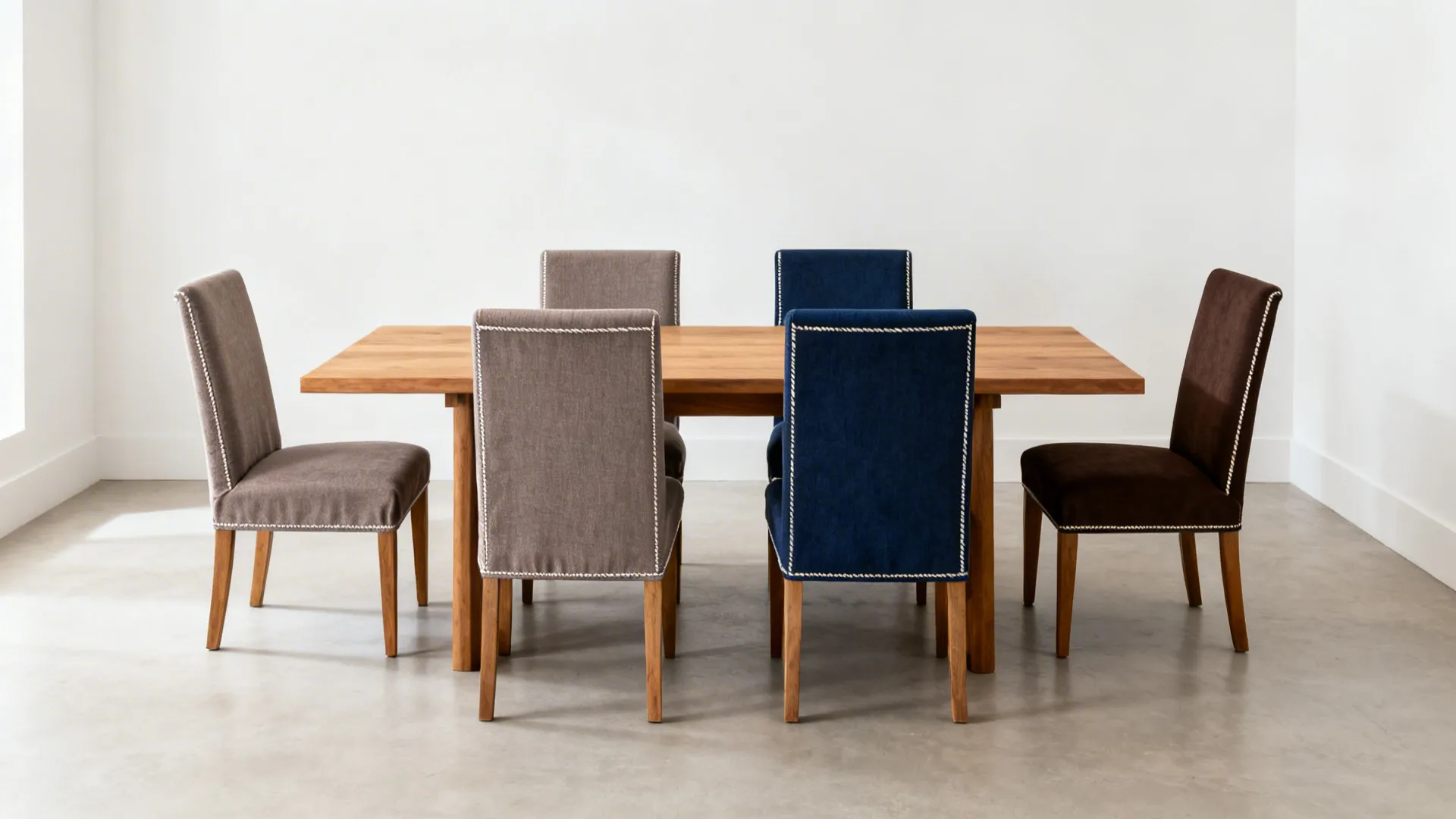 Two-tone dining chair covers with warm gray side chairs and darker host chairs around a wood table.