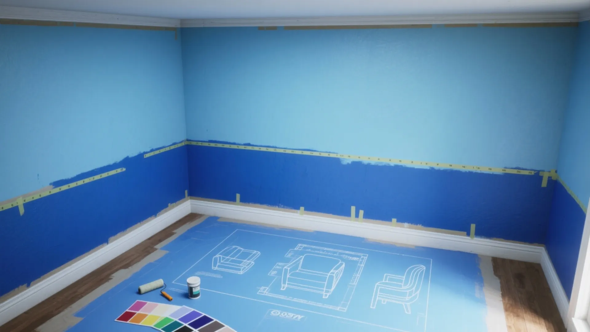 Empty room being painted blue with a floor plan and paint tools on the wood floor
