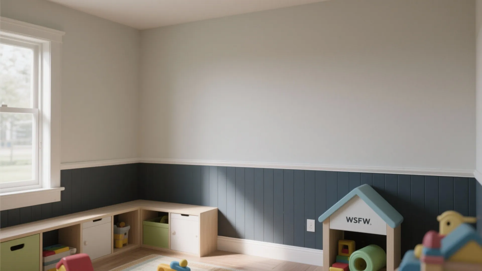 Kids playroom with grey wall panel white upper wall window storage bench and colorful toys