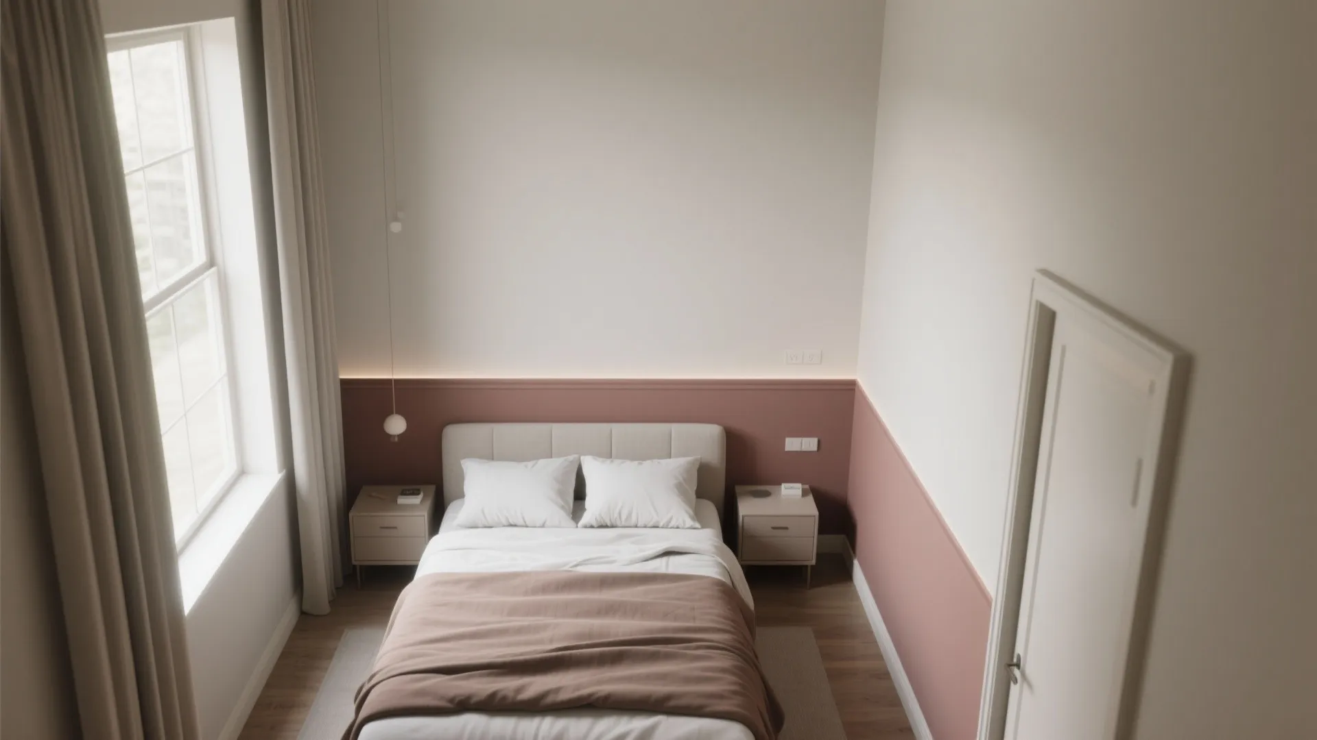 Modern bedroom with two tone white and pink wall panel design plus a cozy beige bed
