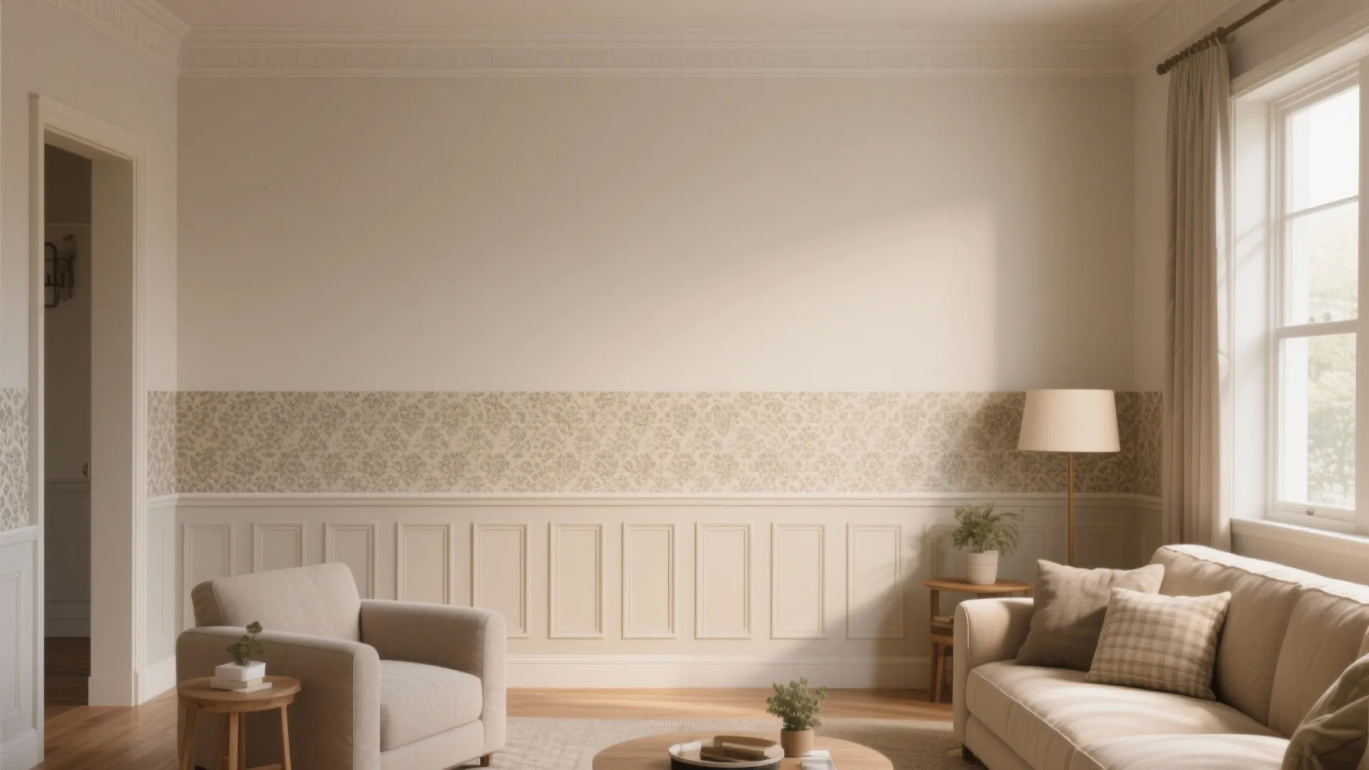 Living room with beige sofa, armchair, white wall panel, patterned wallpaper, lamp, and natural light