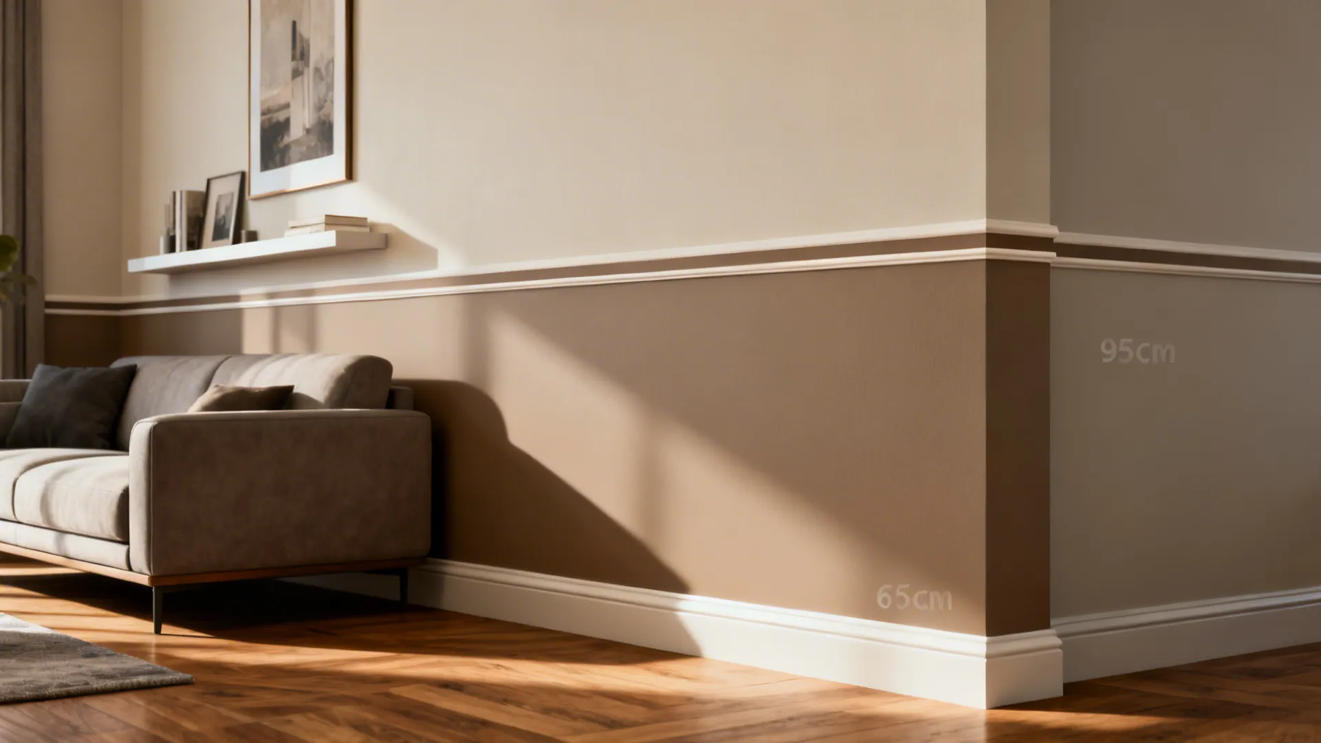 Living room corner with brown two tone wall divided by white wood wall panel trim piece