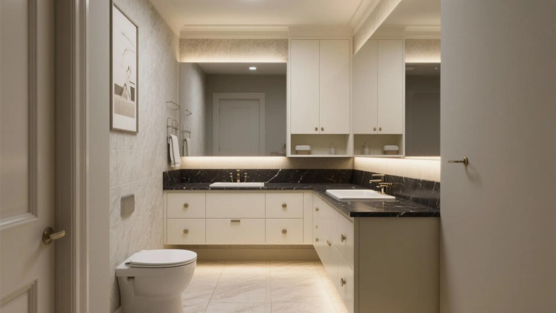 Small bathroom with cream base cabinets and charcoal quartz countertop creating layered contrast
