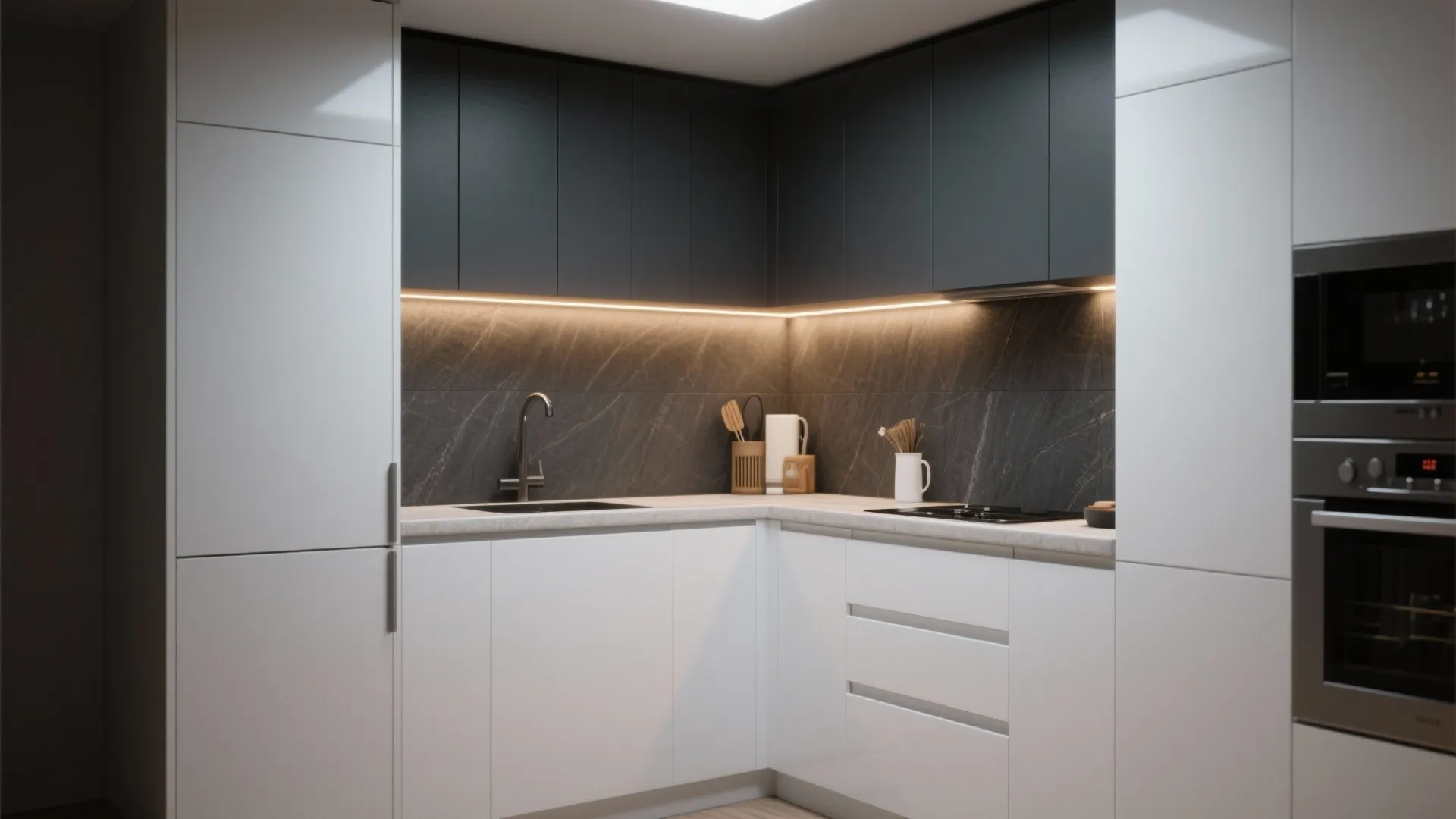 4. Two-Tone with White Base and Dark Upper Cabinets