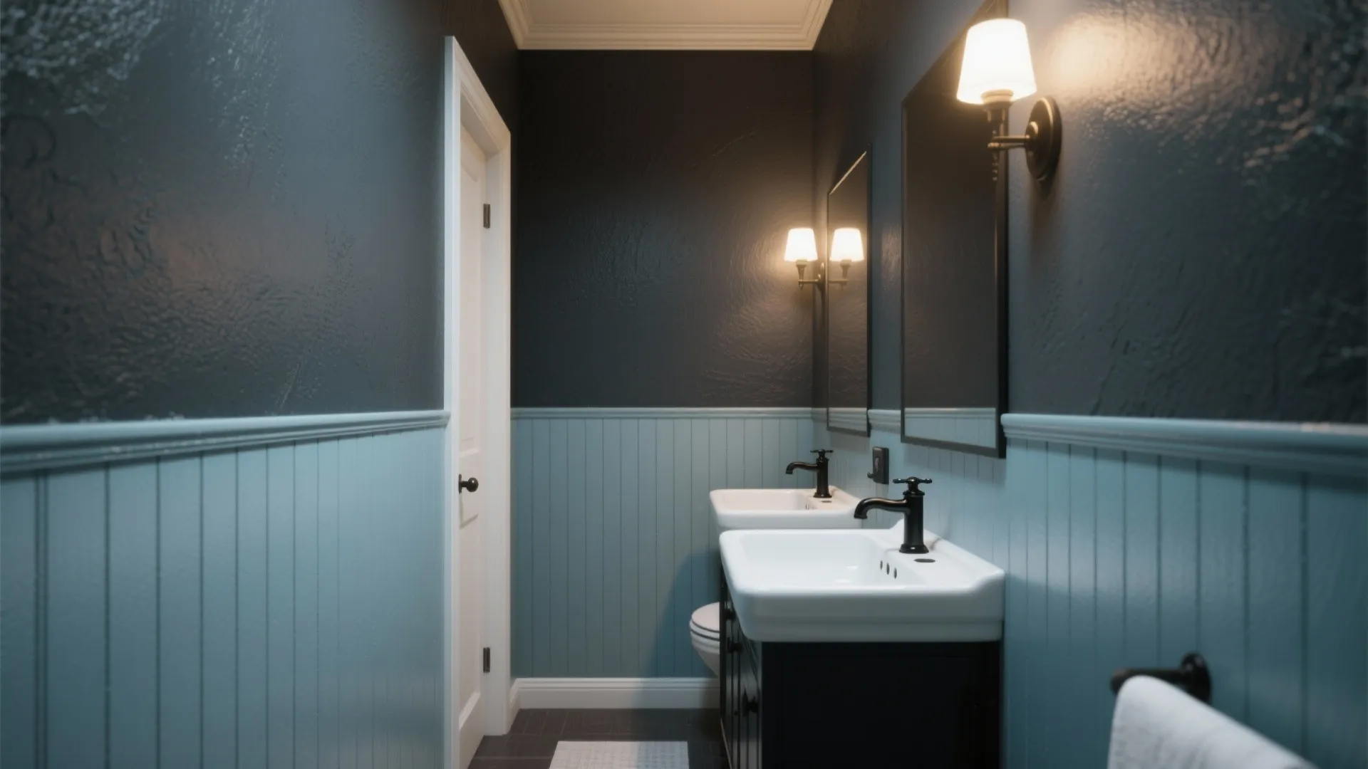 4. Two-tone walls: charcoal lower half + dusty blue upper half