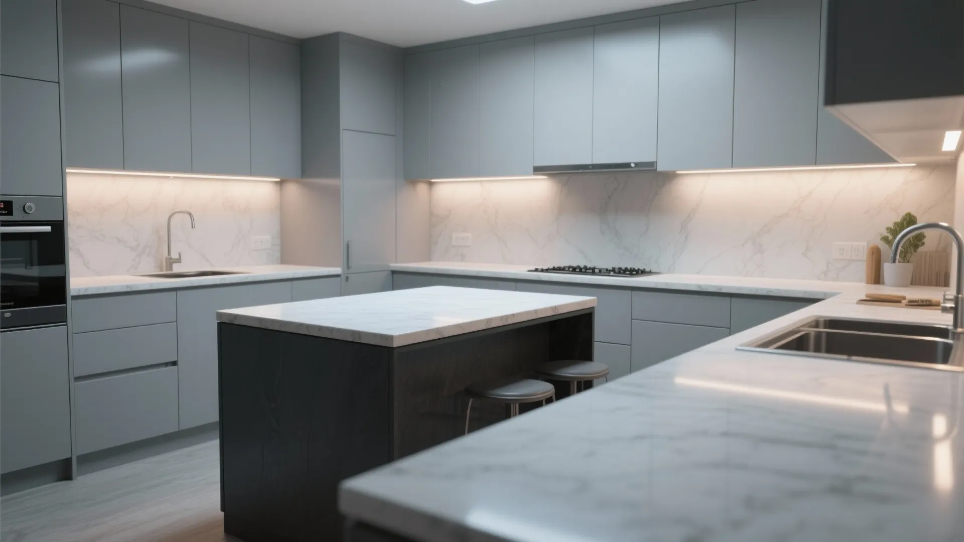 Two-tone kitchen with light gray cabinets and a charcoal island anchoring the space