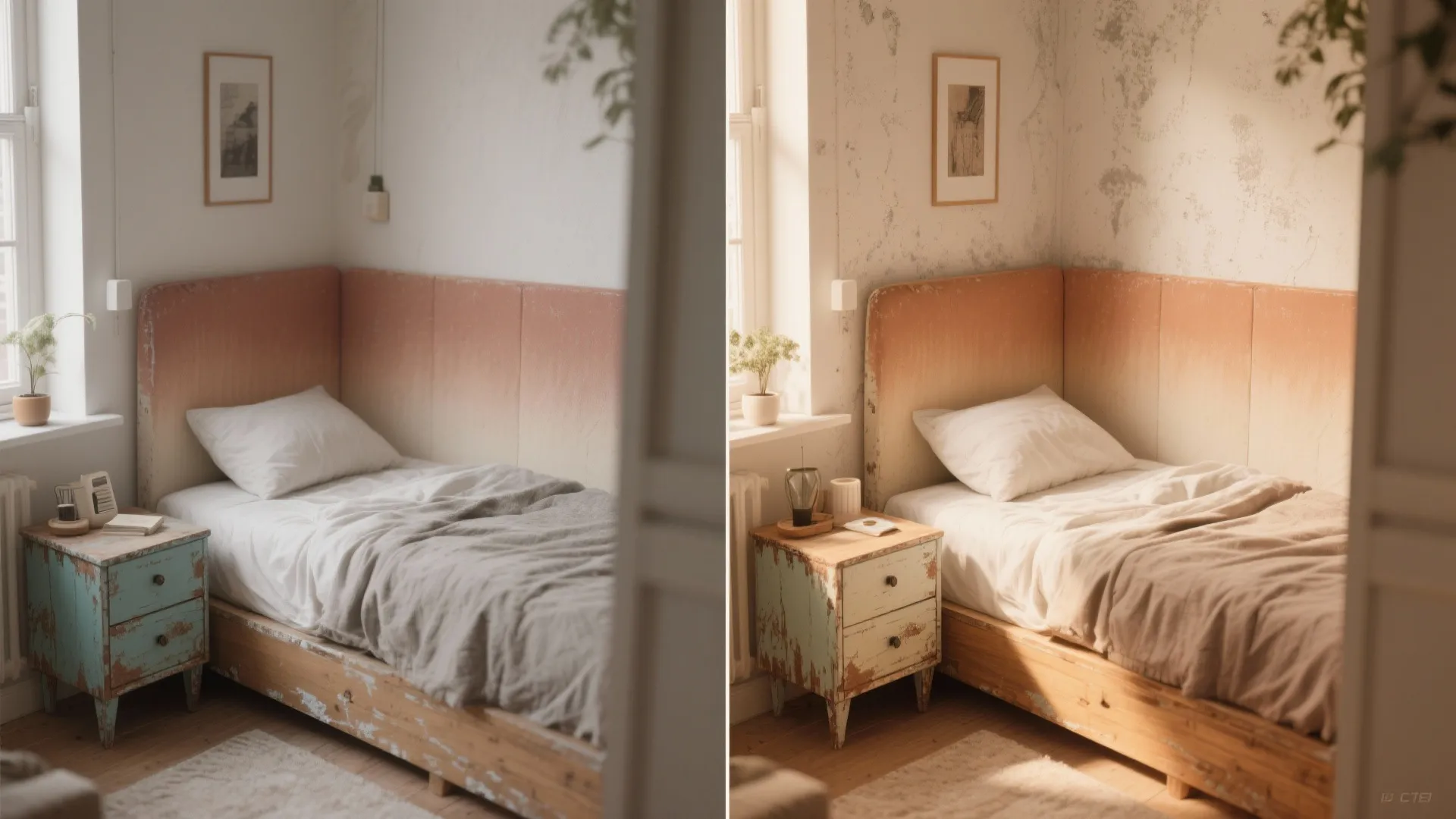 Before and after comparison of a single bed with a peach colored wall panel and cabinet