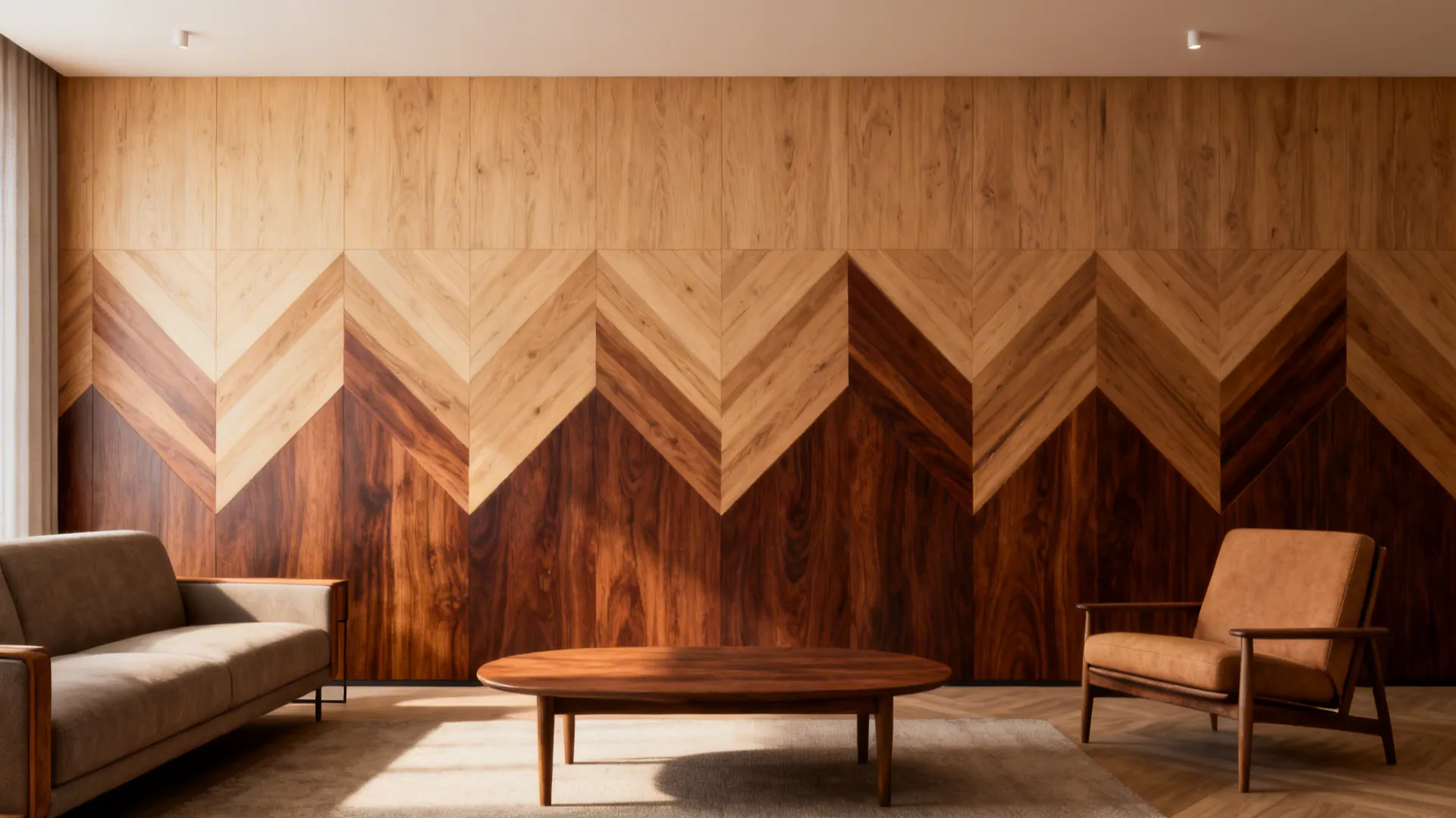 Two-tone wood chevron band adding depth to a living room wall