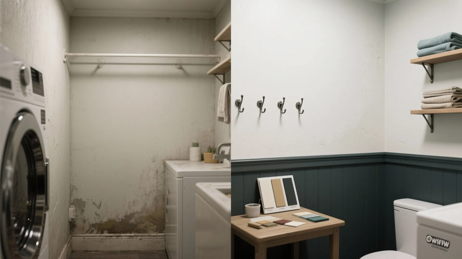 Before-and-after view of a small laundry room showing a dark washable lower half and a light upper half in a two-tone design.