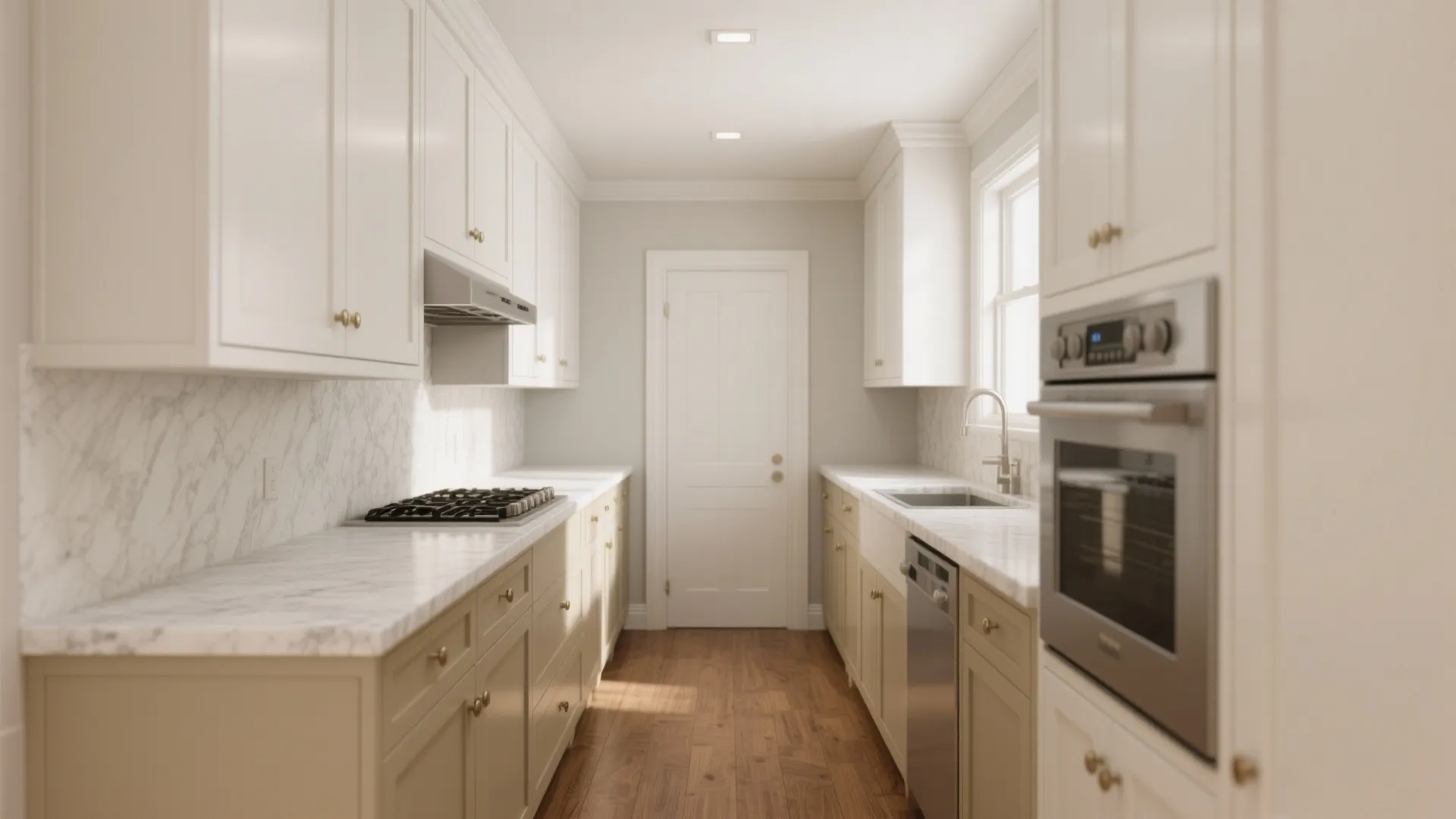 Classic two-tone kitchen with white uppers and beige lowers in a compact layout with natural light.