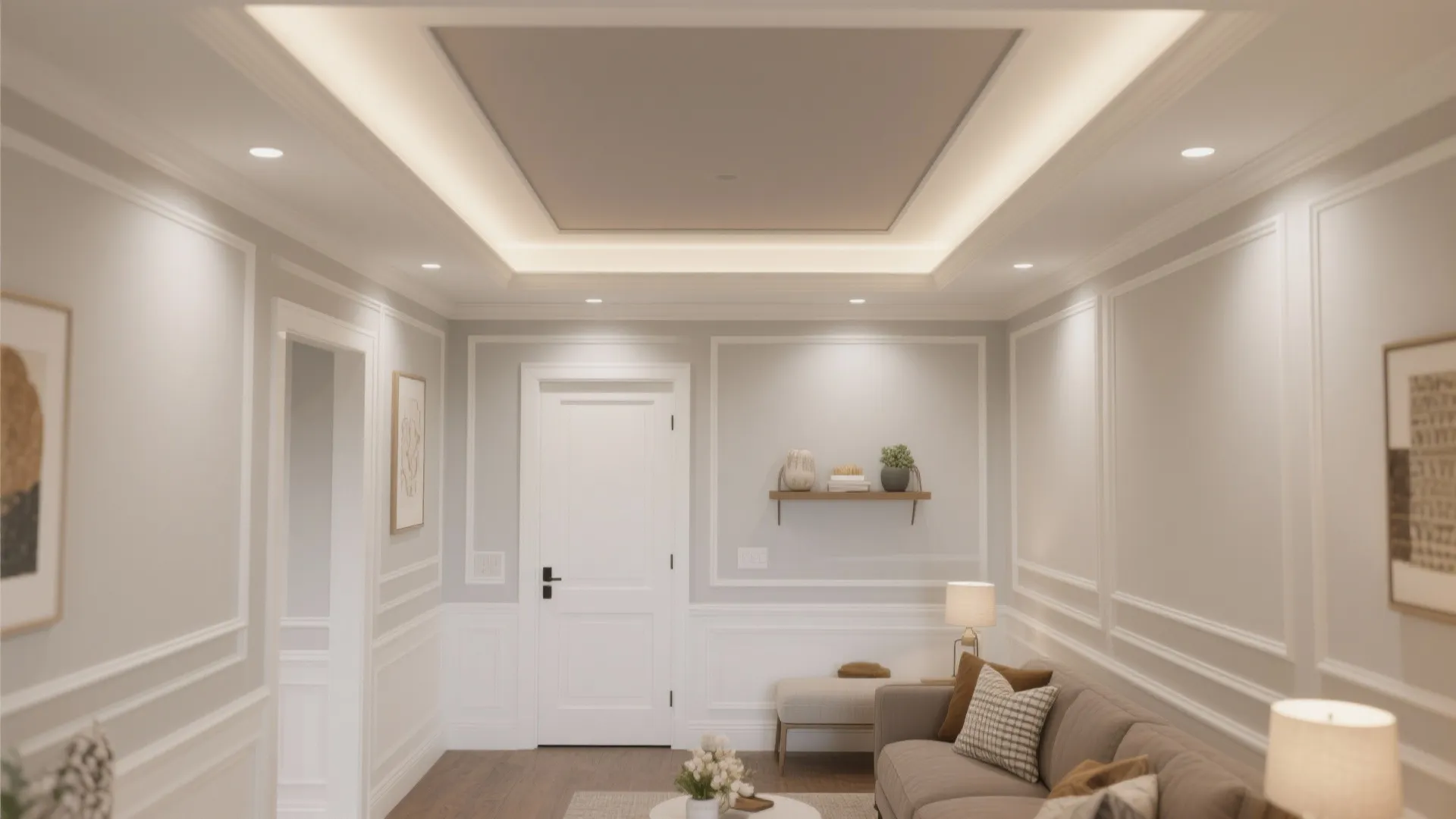 Elegant living room with white wall panels, recessed ceiling light strips, a sofa, and lamps