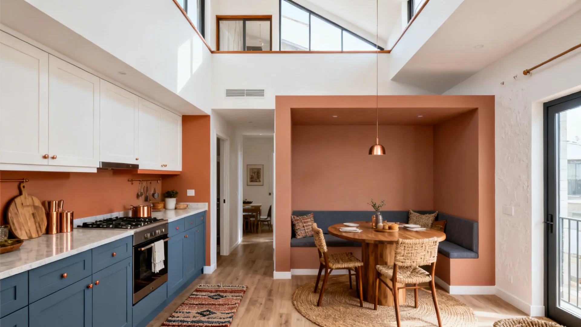 Two-tone kitchen with dusty blue lowers and a soft clay color-blocked dining nook under natural light.