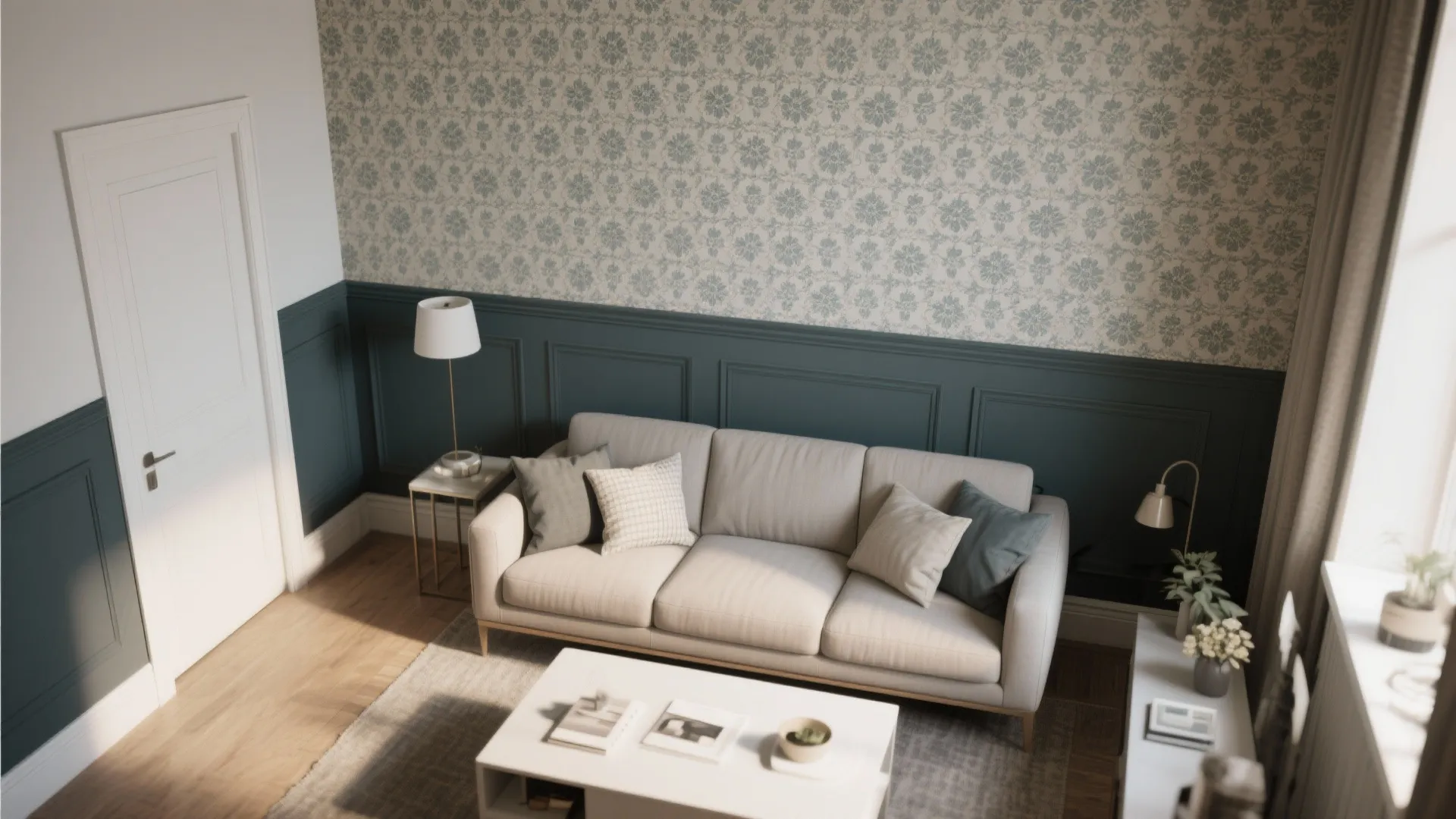 Living room featuring beige sofa against dark green wall panel and blue floral patterned wallpaper design