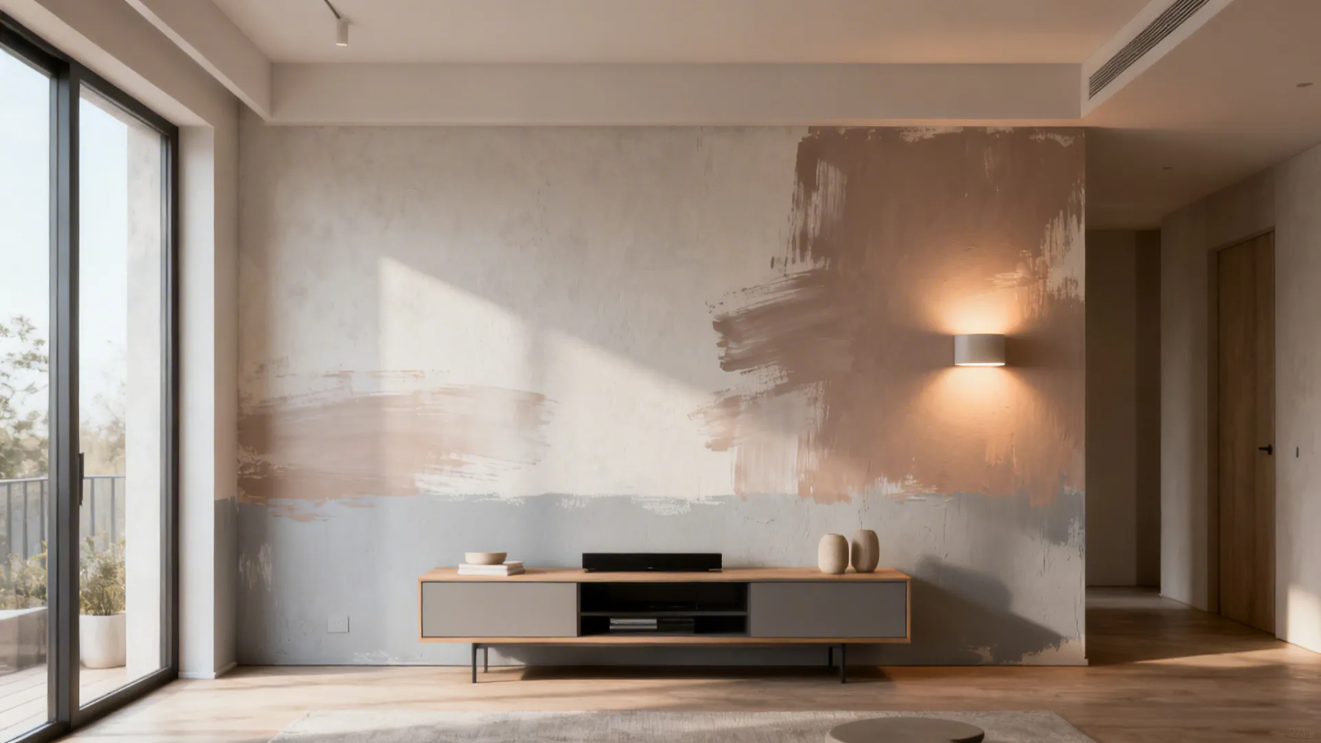 Two-tone color-washed living room wall with pale gray and translucent taupe strokes.