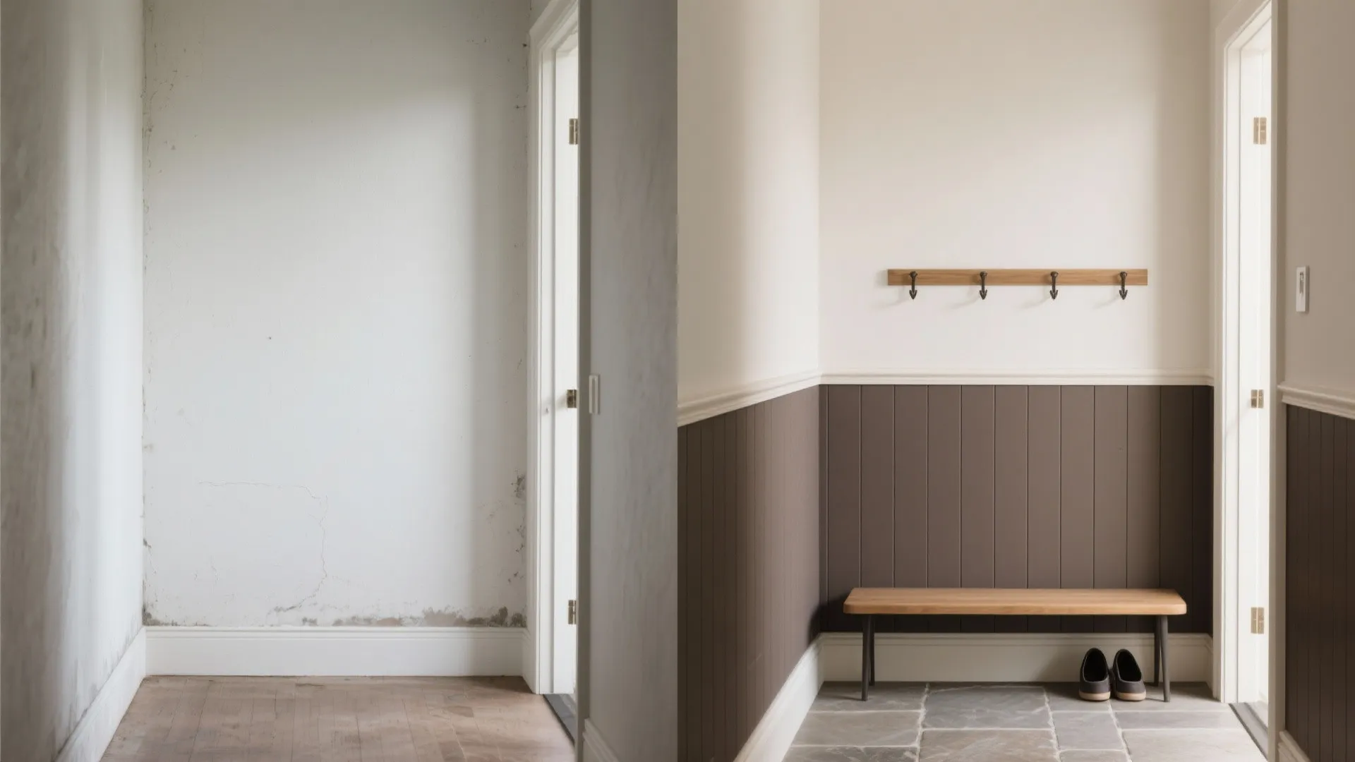 Before and after comparison of plain white wall versus a hallway with brown wall panel