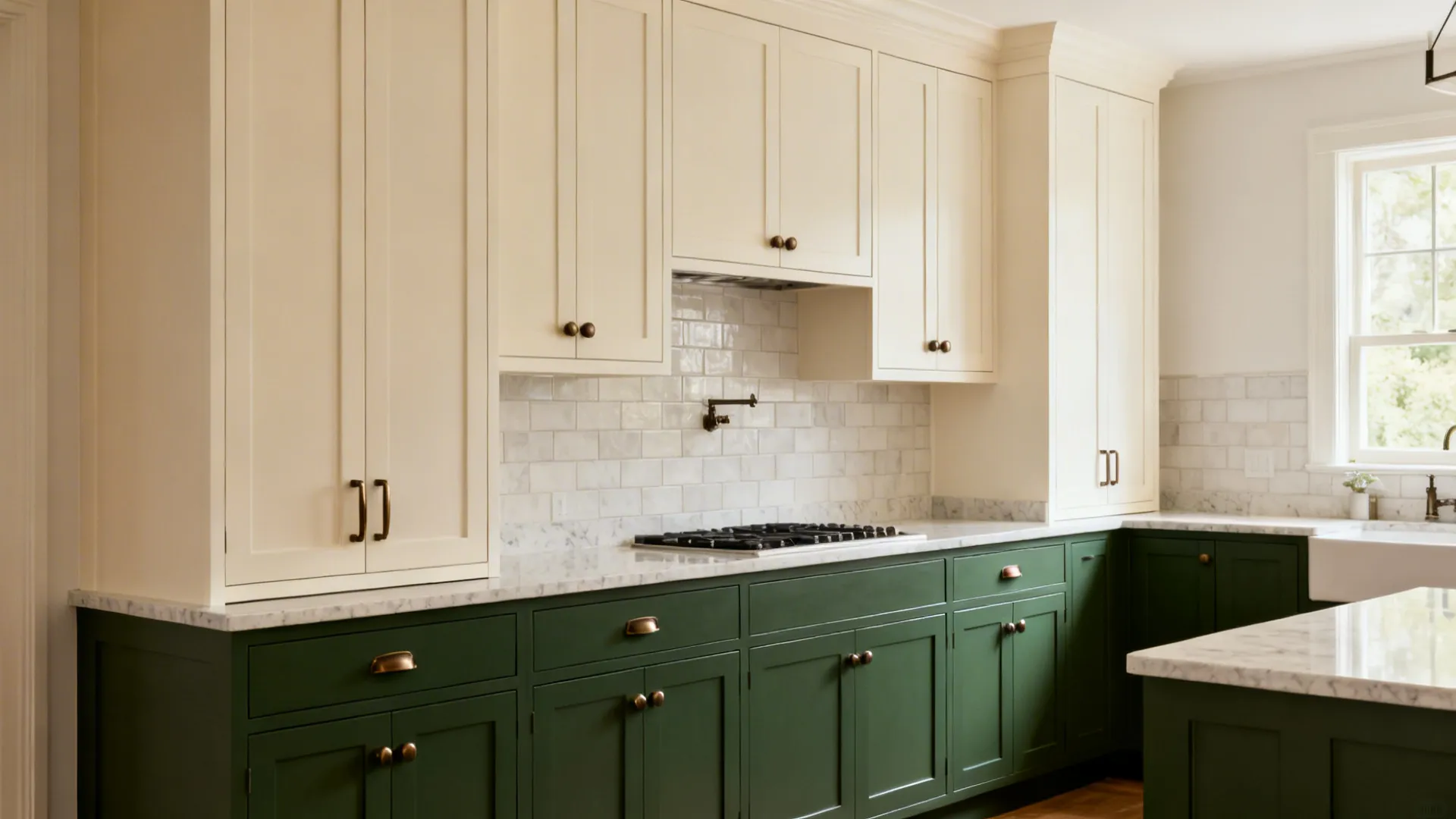 Two-tone kitchen with off-white uppers and deep green base cabinets in a compact space.