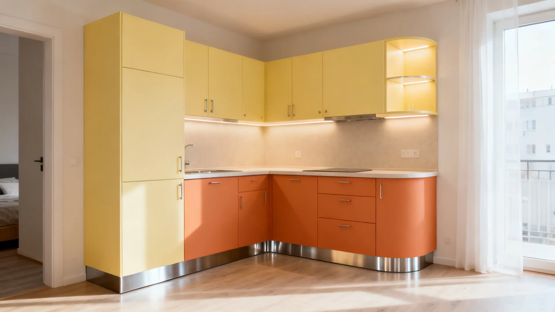 Compact L-shaped kitchen with pale yellow uppers and muted orange bases.