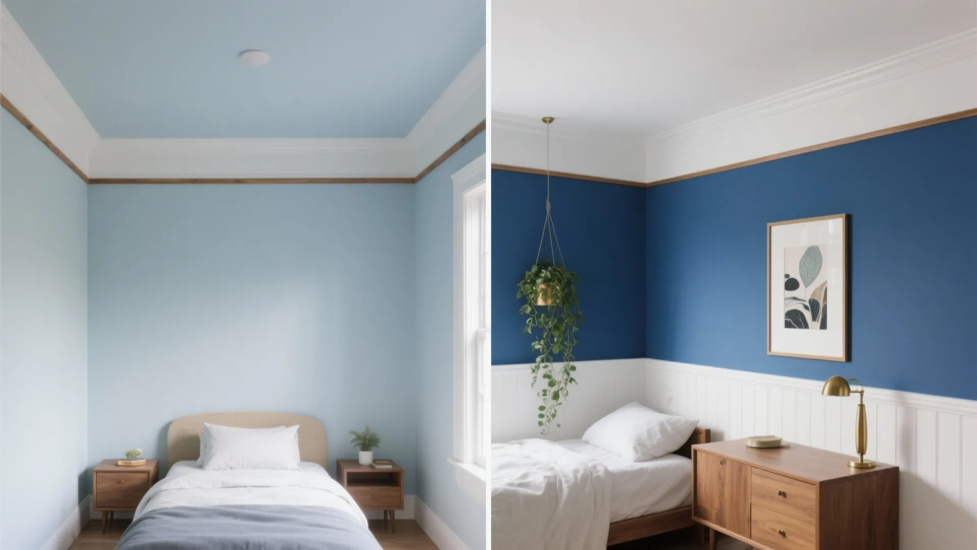 Comparison showing light blue bedroom next to a room with dark blue wall panel design