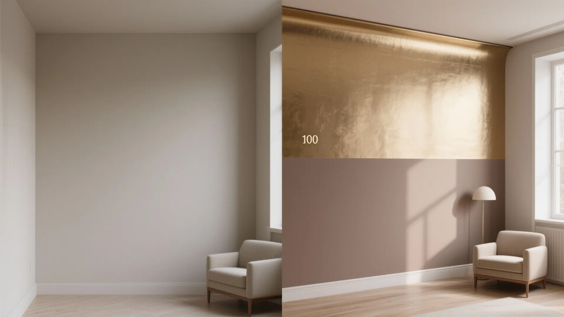 Before and after comparison of plain wall versus gold and brown two tone wall decoration