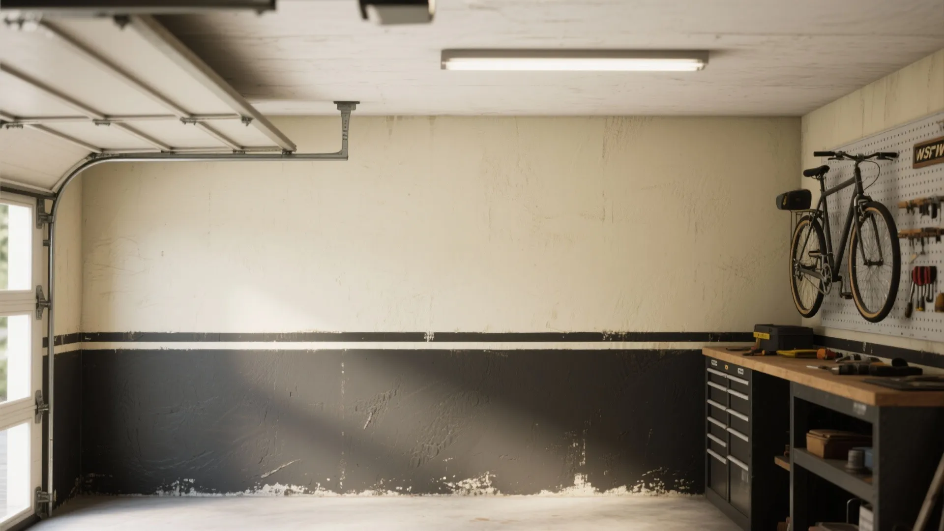 Garage wall with deep charcoal lower band and pale upper wall creating a raised ceiling effect and hiding scuffs.