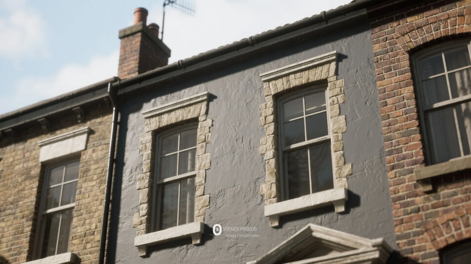 Close-up of house exterior showing gray painted brick wall next to natural red brick surface