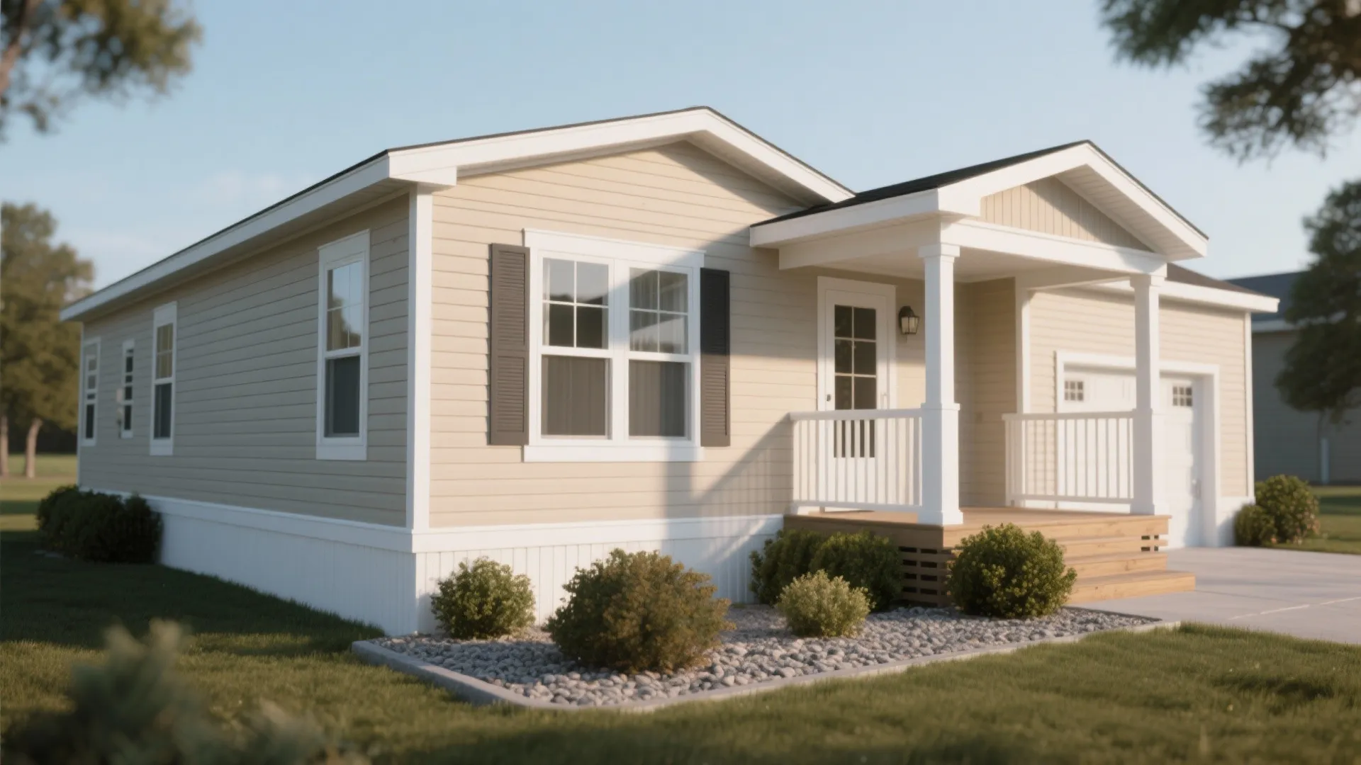 Manufactured home with soft beige body and crisp white trim showing neat two-tone contrast.
