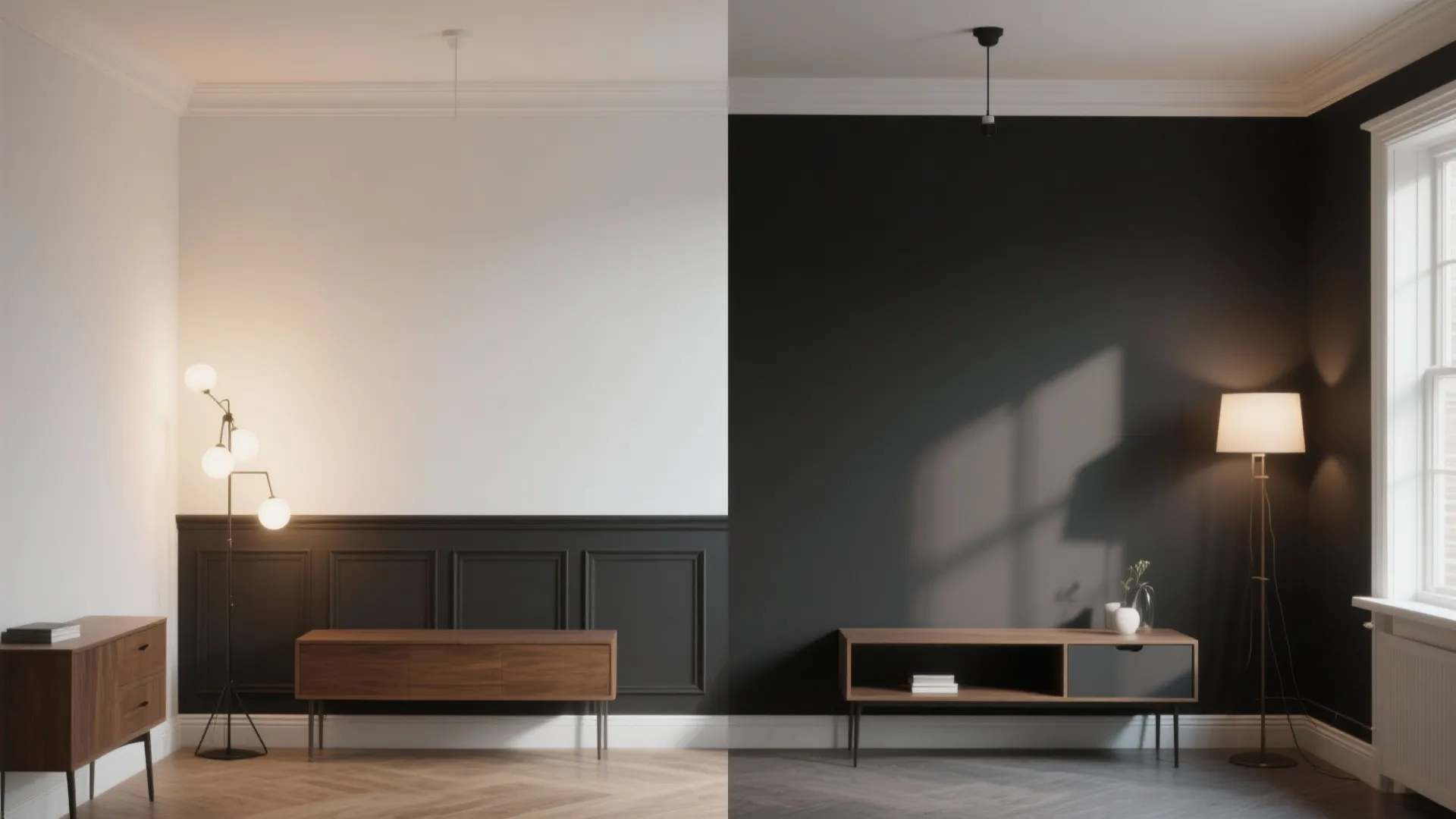 Split view showing a room with white walls and a dark grey wall panel design