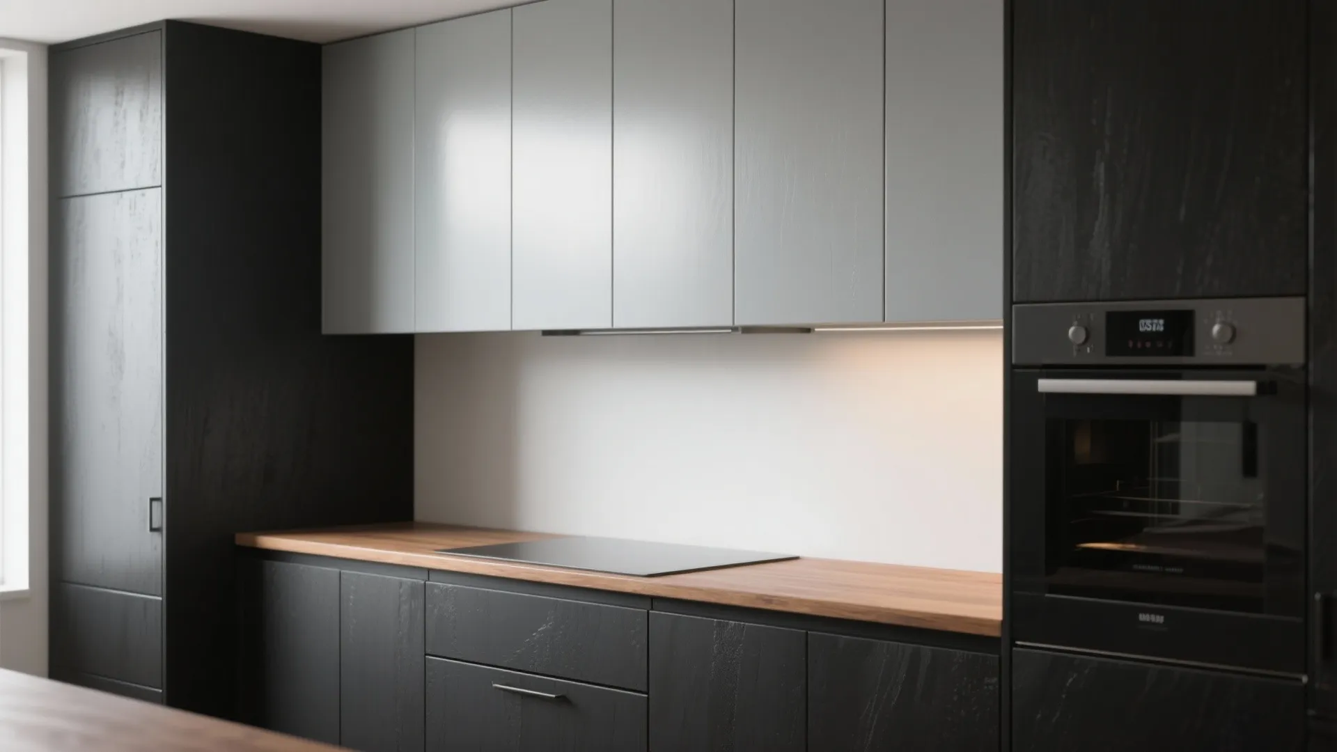 Modern kitchen with dark wood cabinets grey upper cabinets wood counter and built in oven design