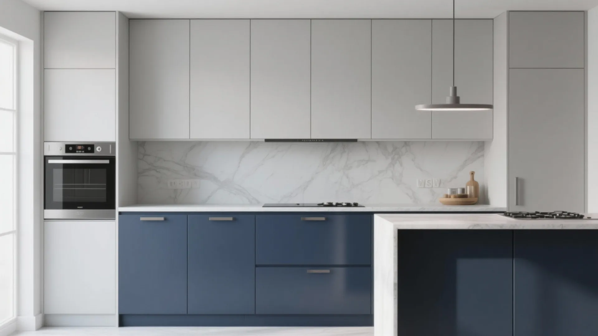 Modern kitchen with blue lower cabinets grey upper cabinets marble wall panel and a ceiling light