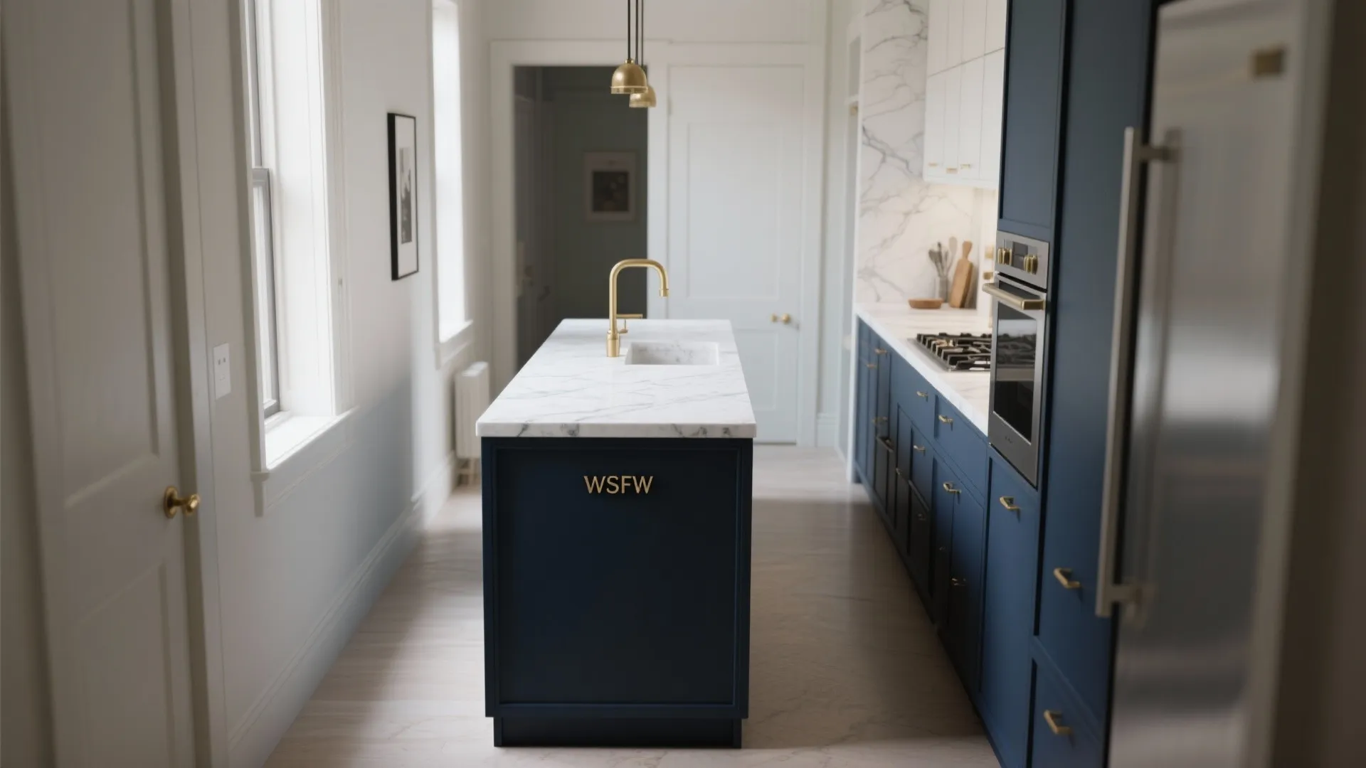 Modern kitchen with navy blue cabinets white marble island gold faucet and built in oven