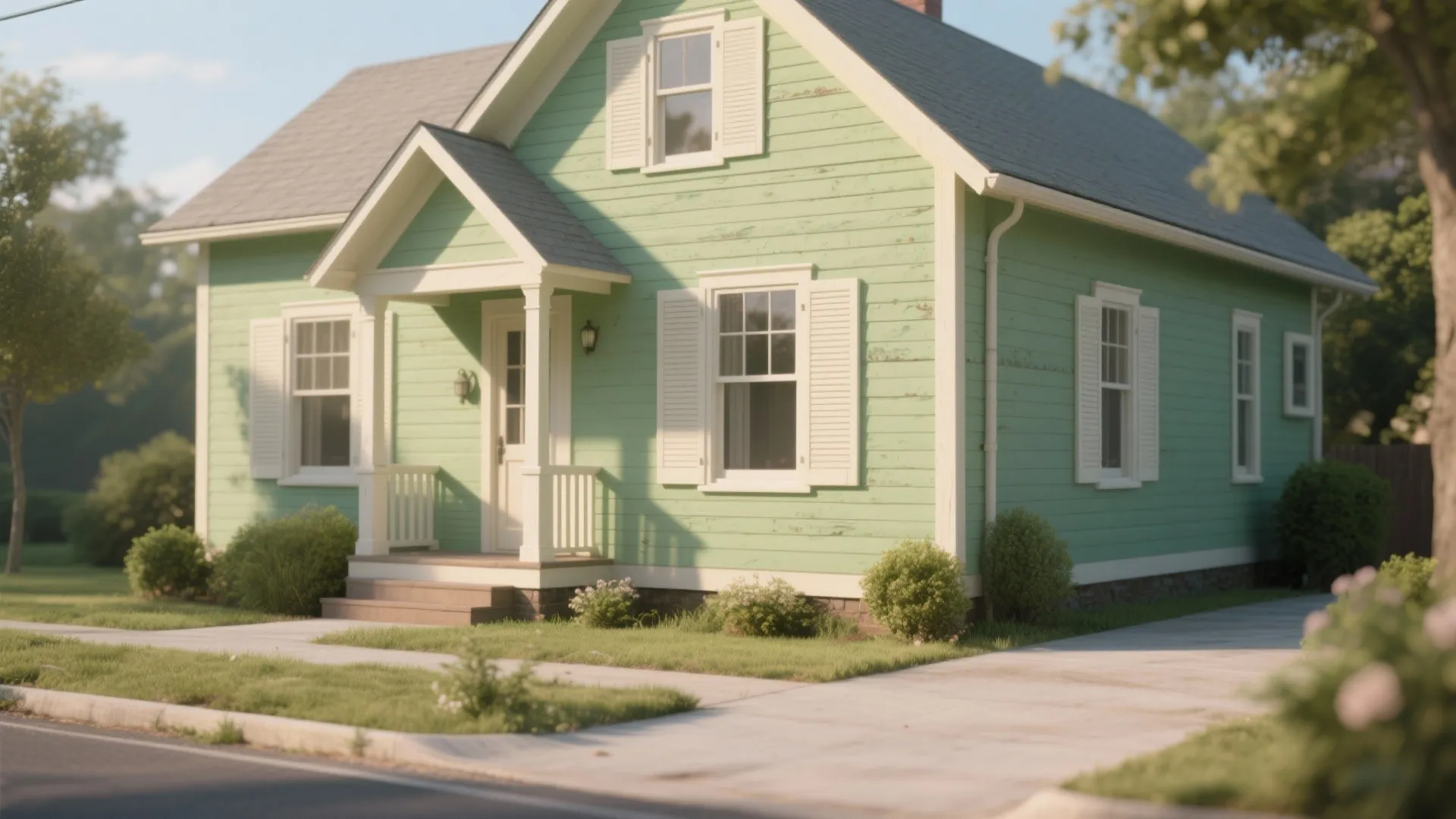 Small light green cottage with white windows wooden shutters front porch green lawn and sunny sky