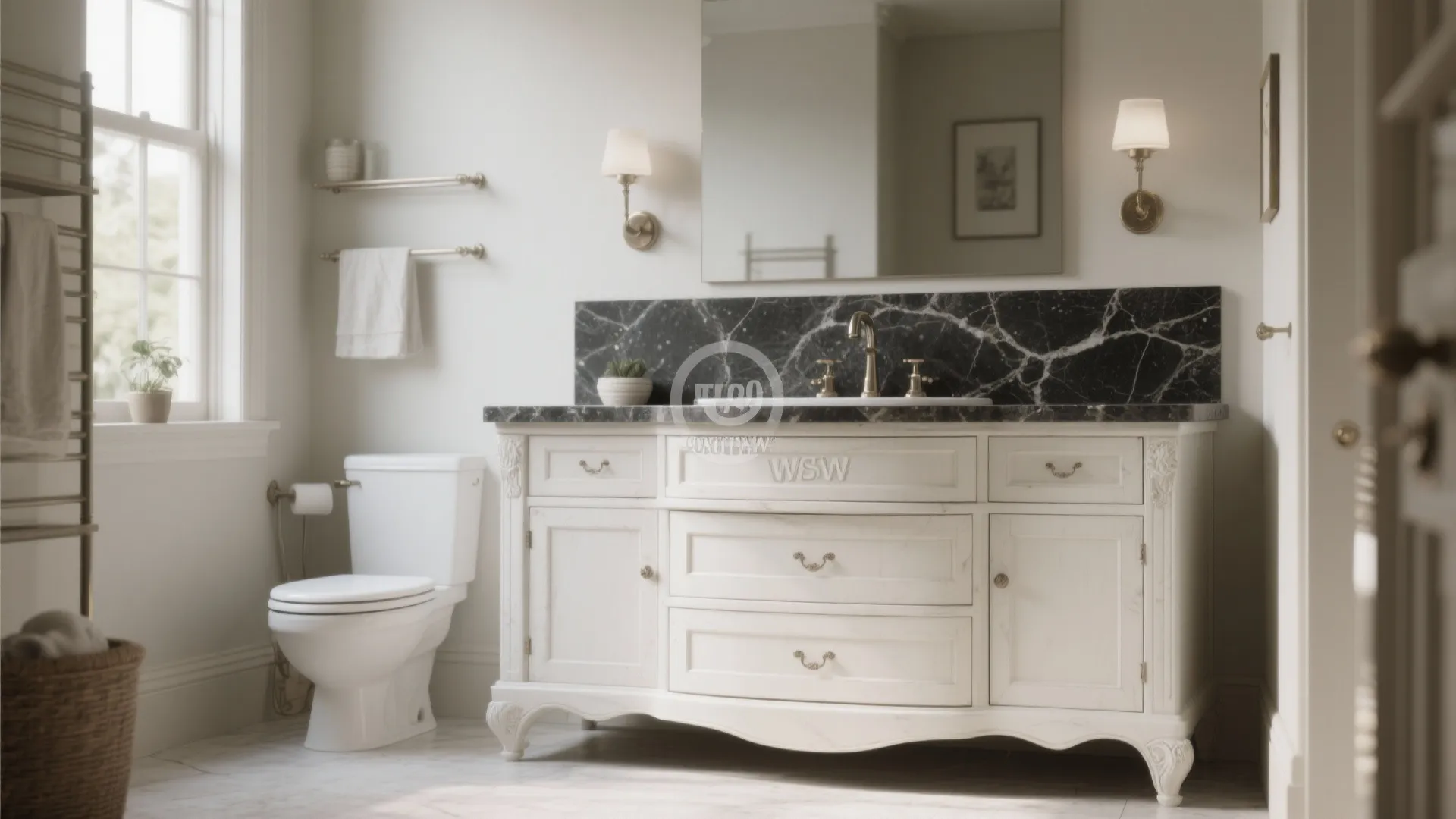 4. Two-Tone Scheme: Antique White Base + Dark Countertop