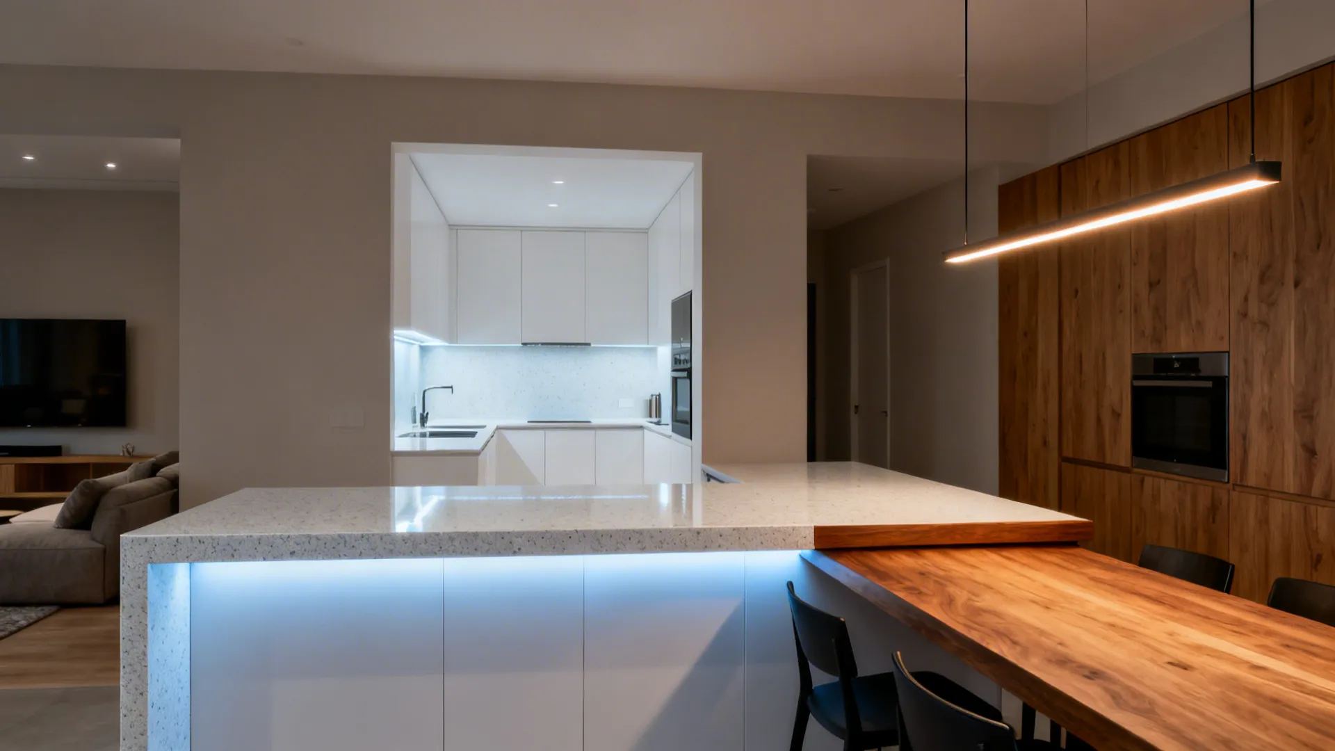 Open kitchen with two-tone counter: quartz prep zone and warm wood dining edge under pendants