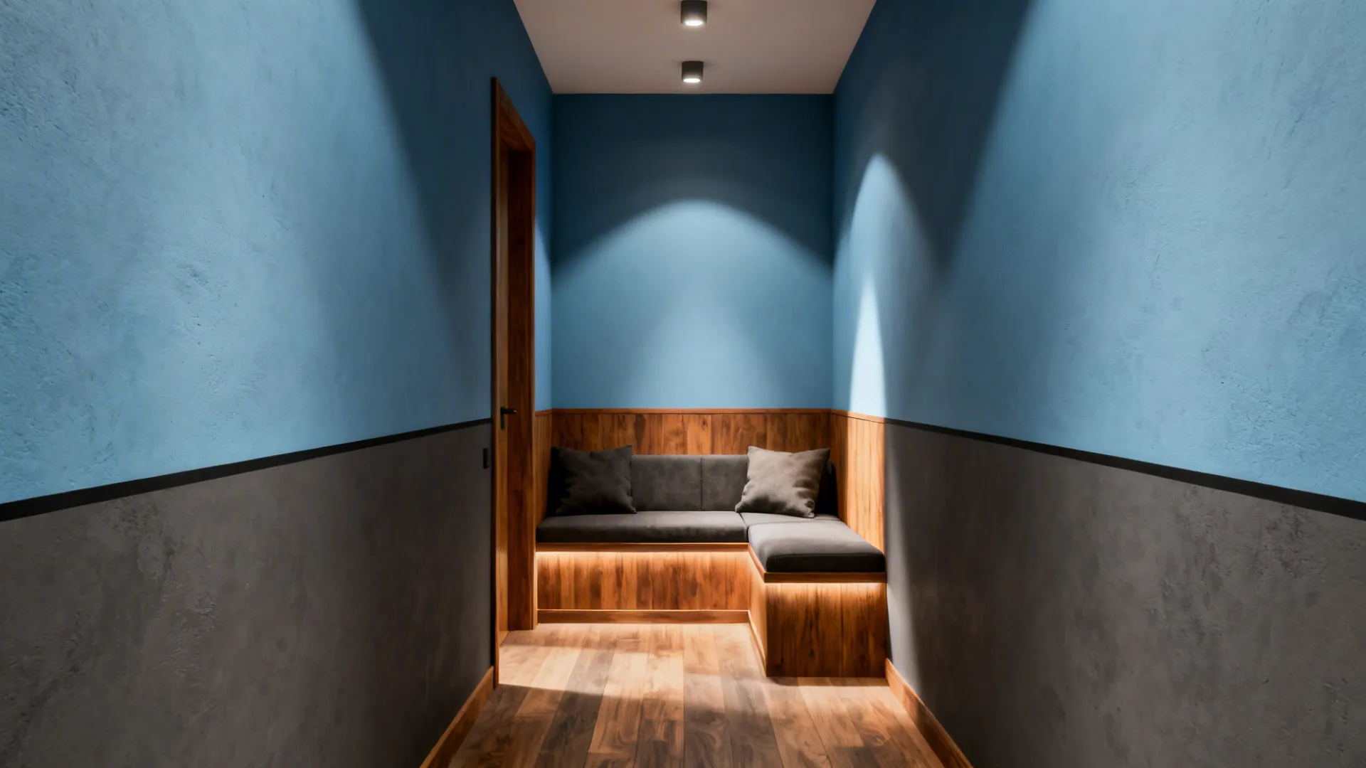 Narrow living room with gray lower walls and blue upper walls creating cozy proportions