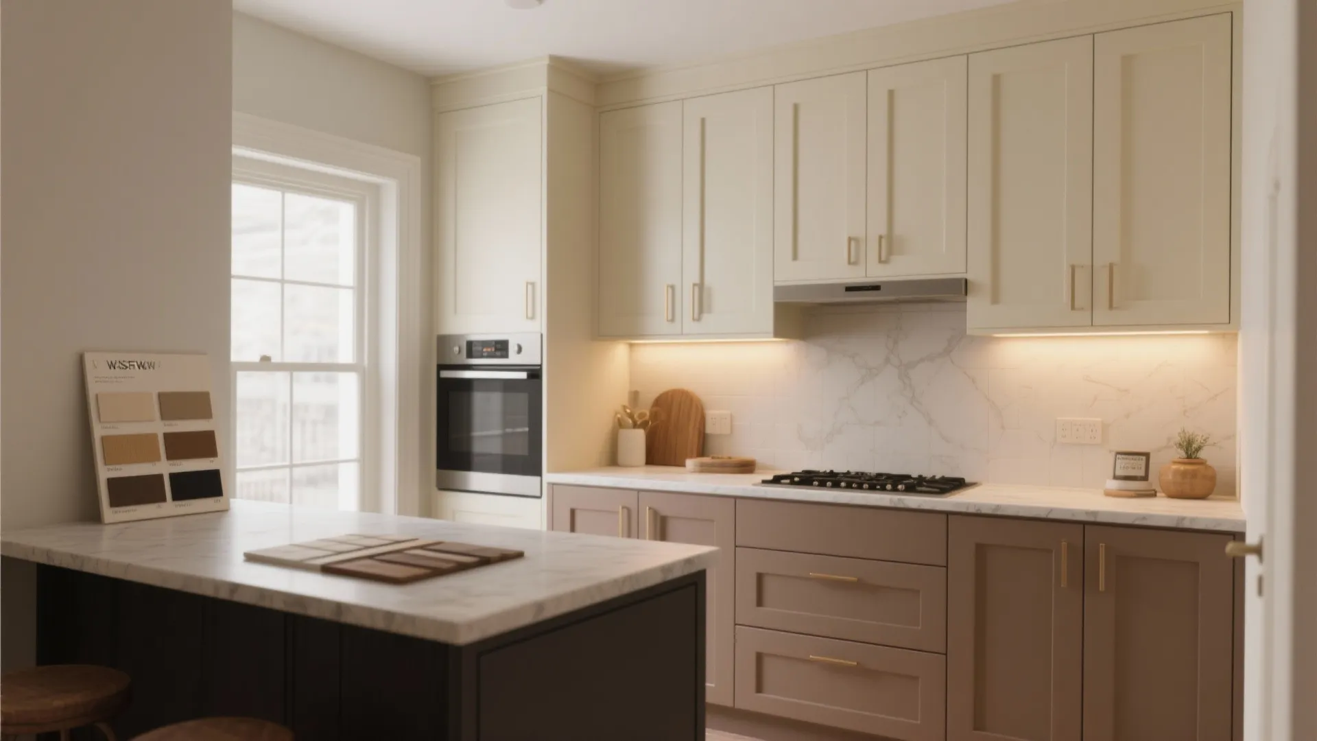 Small kitchen showing two-tone cream cabinets with a darker island and a sample board on the counter.