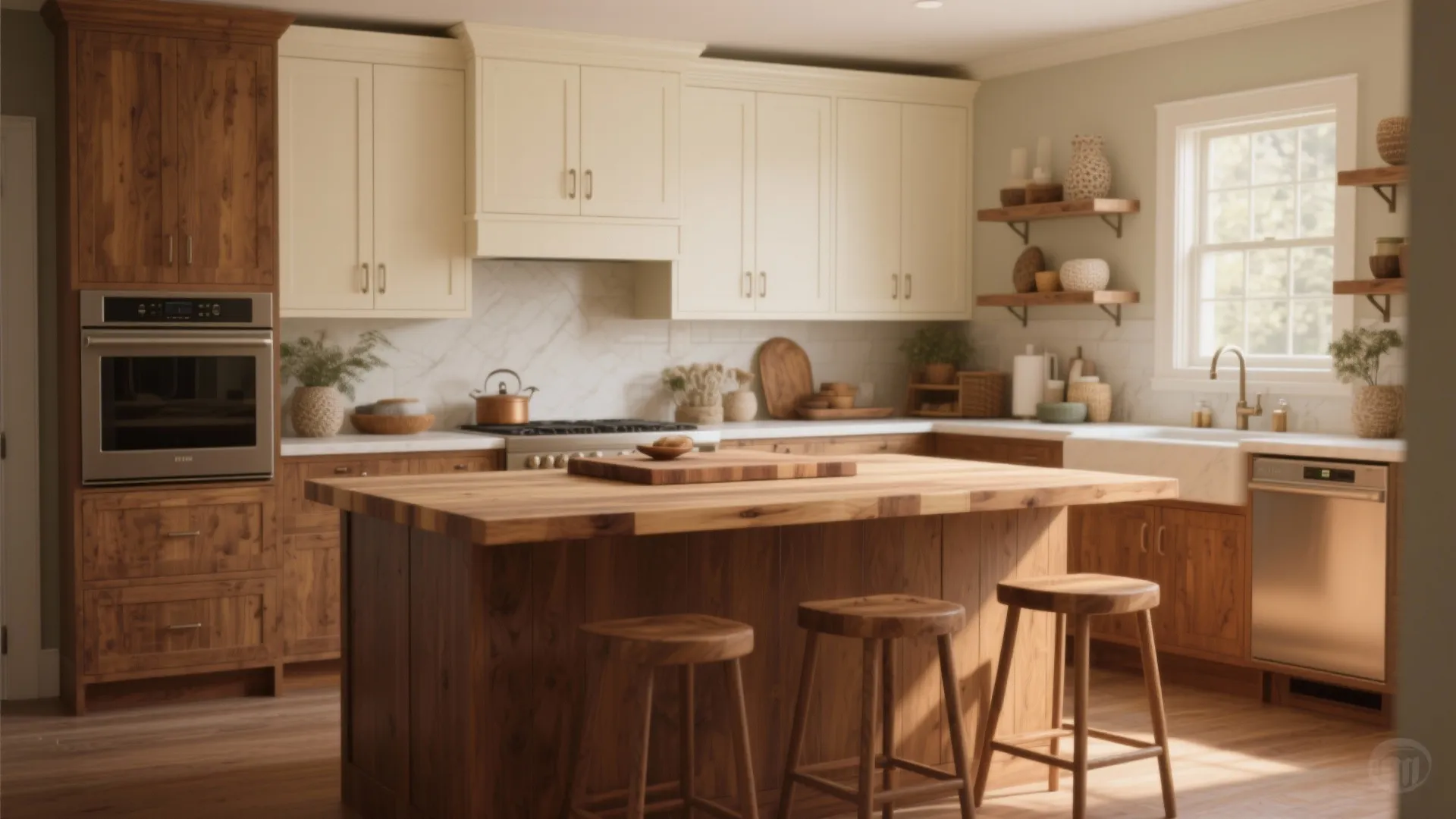 3. Two-Tone Cream + Wood Lower Cabinets