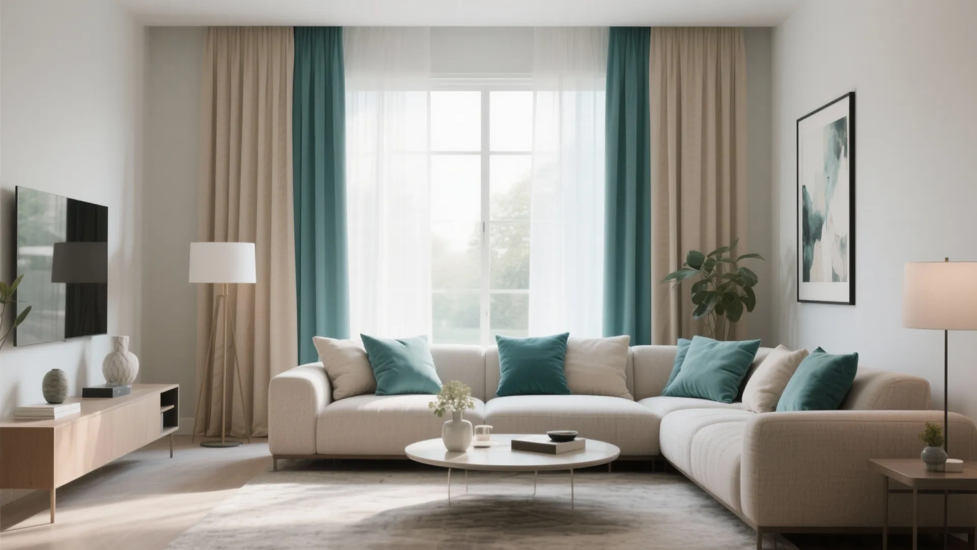 Modern living room with two-tone curtains in beige and teal