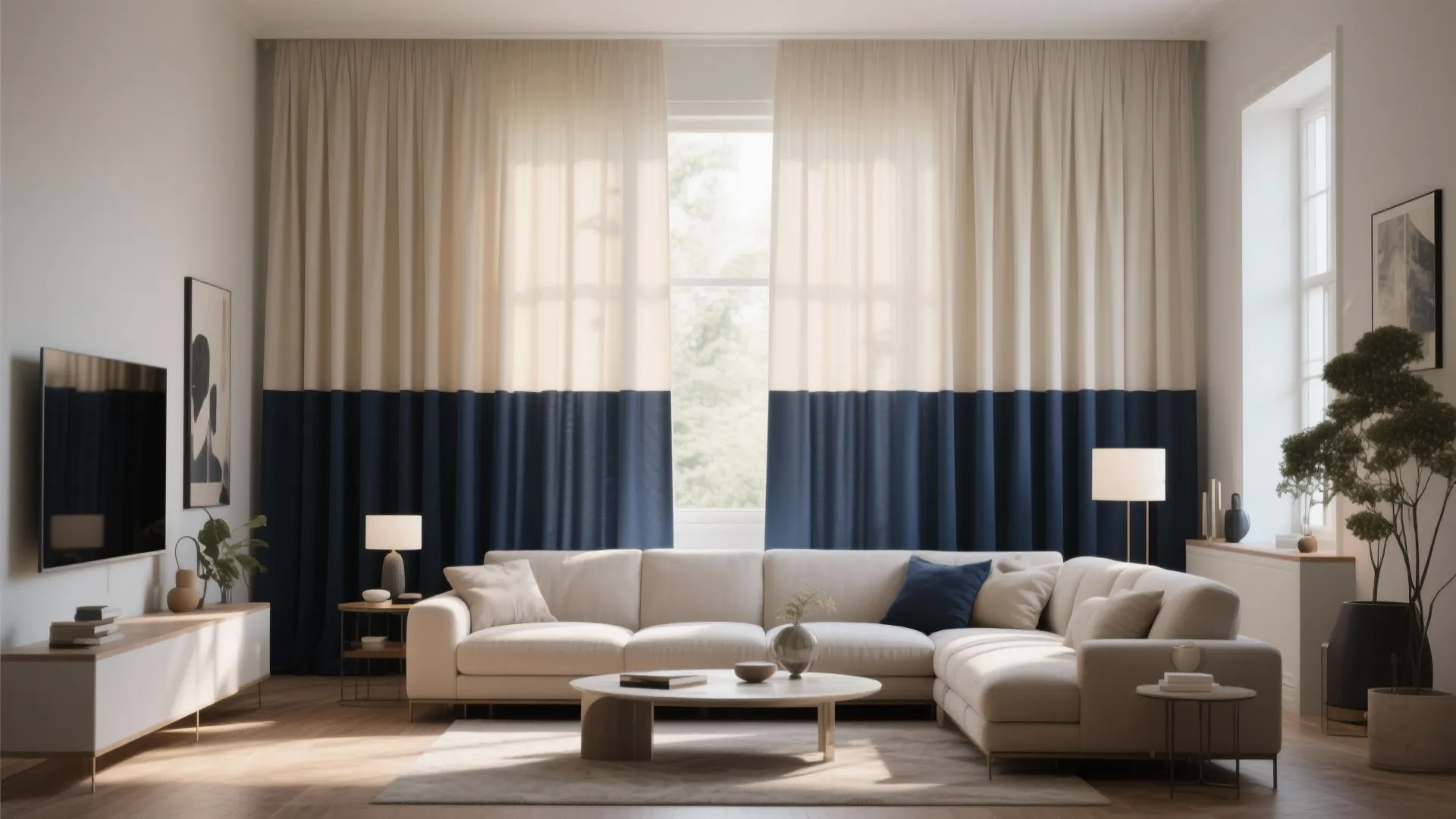 Two-tone curtains blending navy and ivory in living room