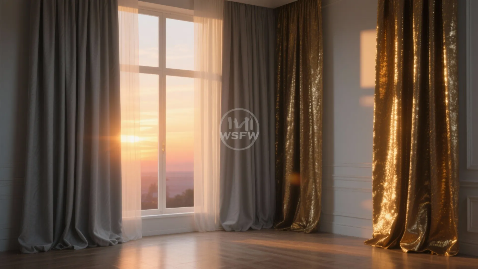 Floor-to-ceiling curtains in grey and gold shimmer in warm light