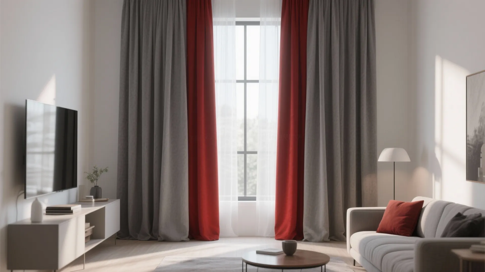 3. Two-Tone Red and Grey Curtains