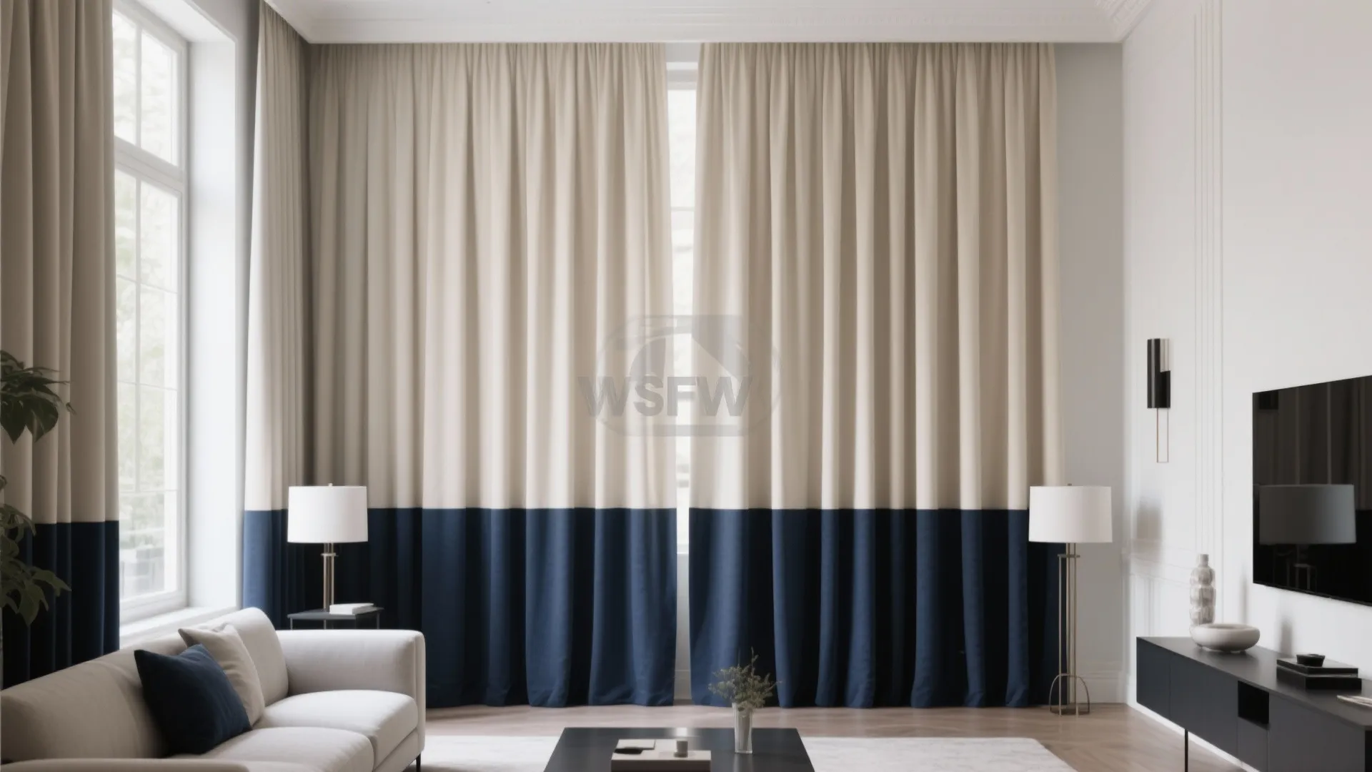 Modern living room featuring beige and dark blue curtains with grey sofa and white floor lamps