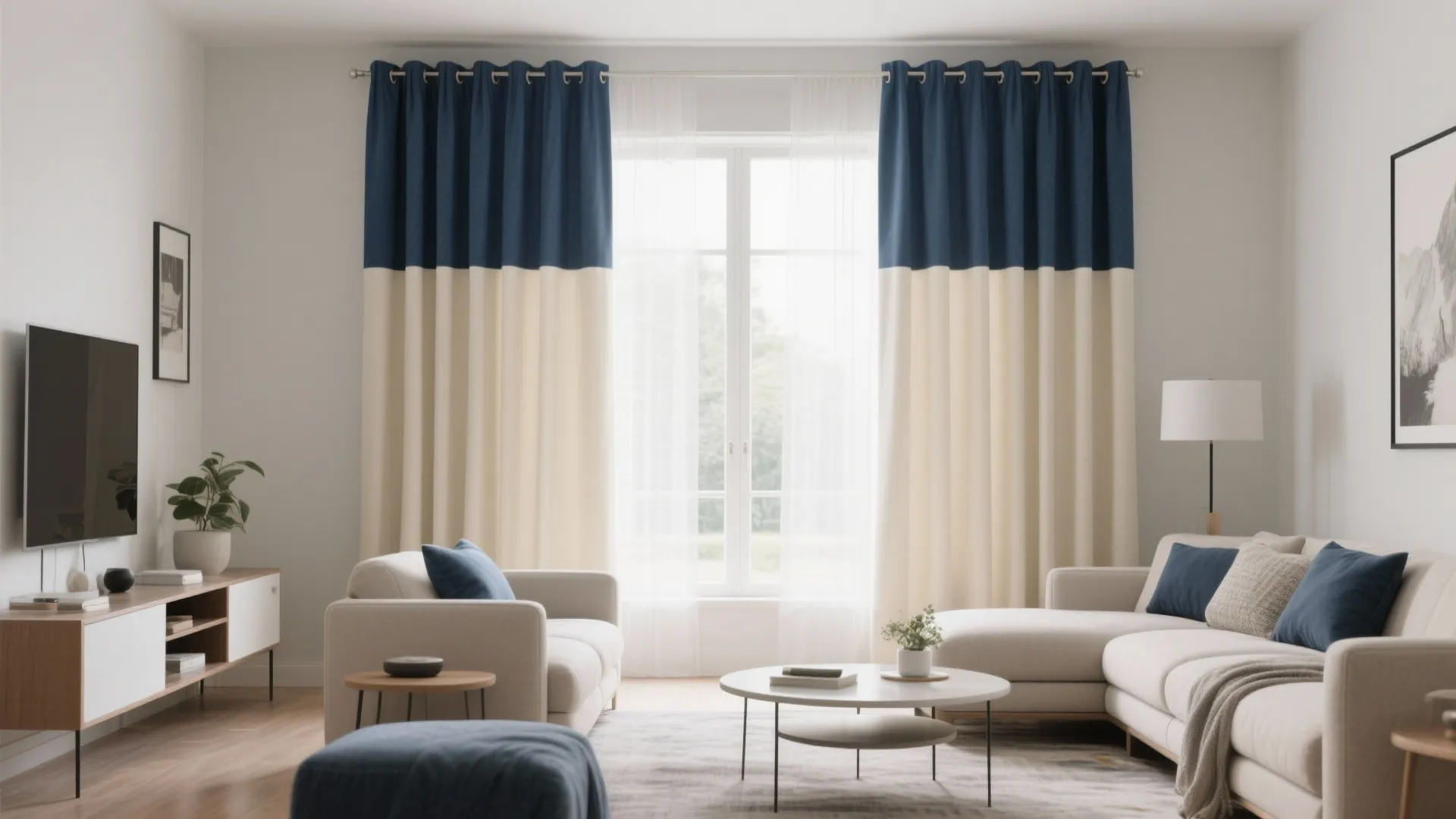 Modern living room with blue and white curtains cream sofa round coffee table and floor lamp