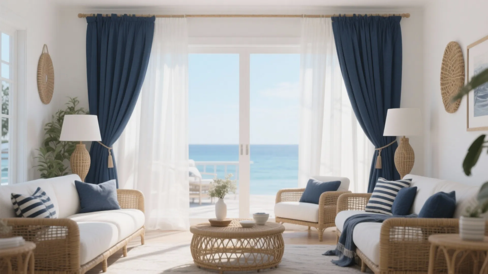 Coastal living room featuring blue white curtain wicker sofa coffee table and calm blue ocean
