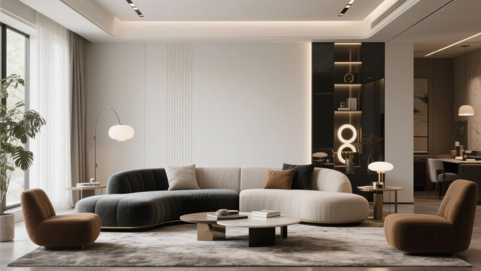 Two-tone upholstered curved sofa in stylish room