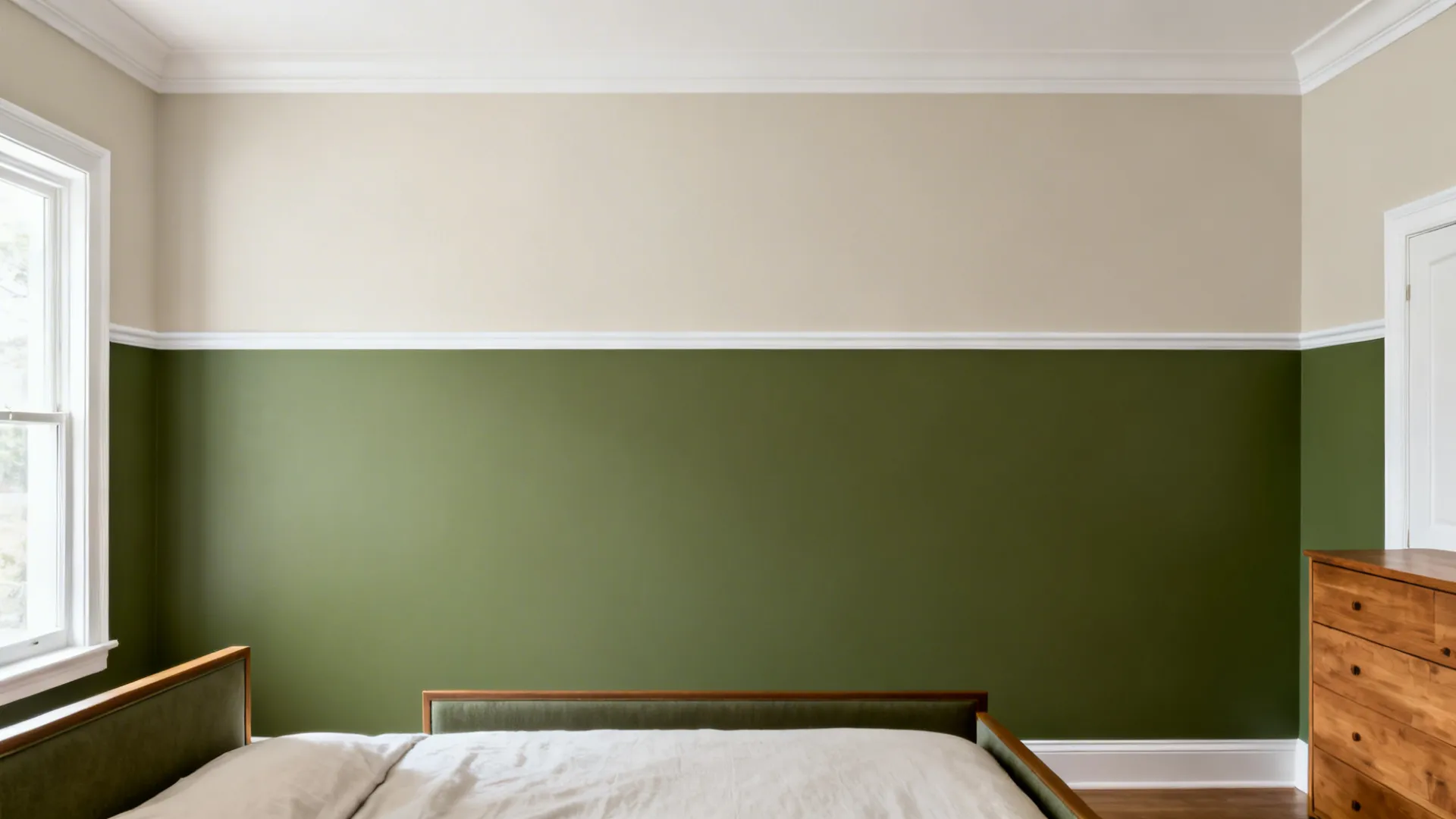 Two-tone kids’ room with moss green lower wall and light neutral upper wall, clean dividing line.