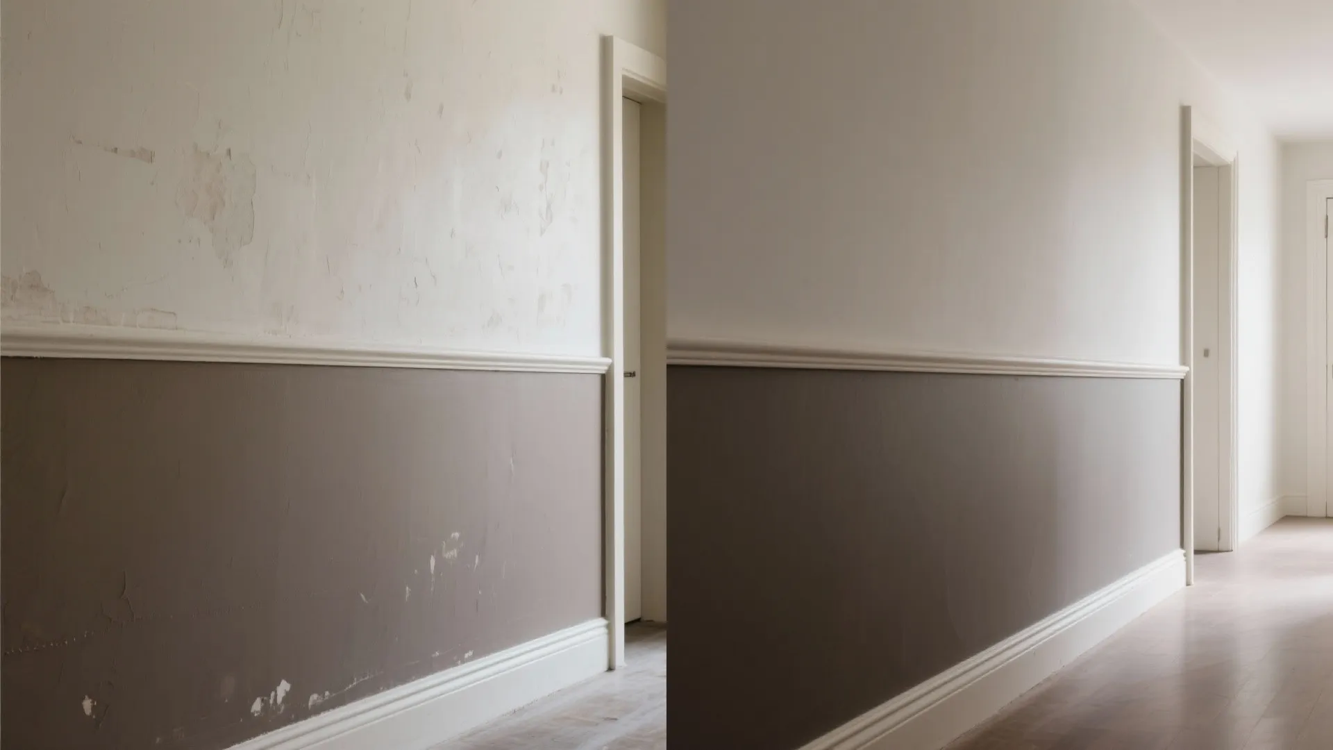 Before and after comparison of painting a wall panel with grey and white two-tone finish