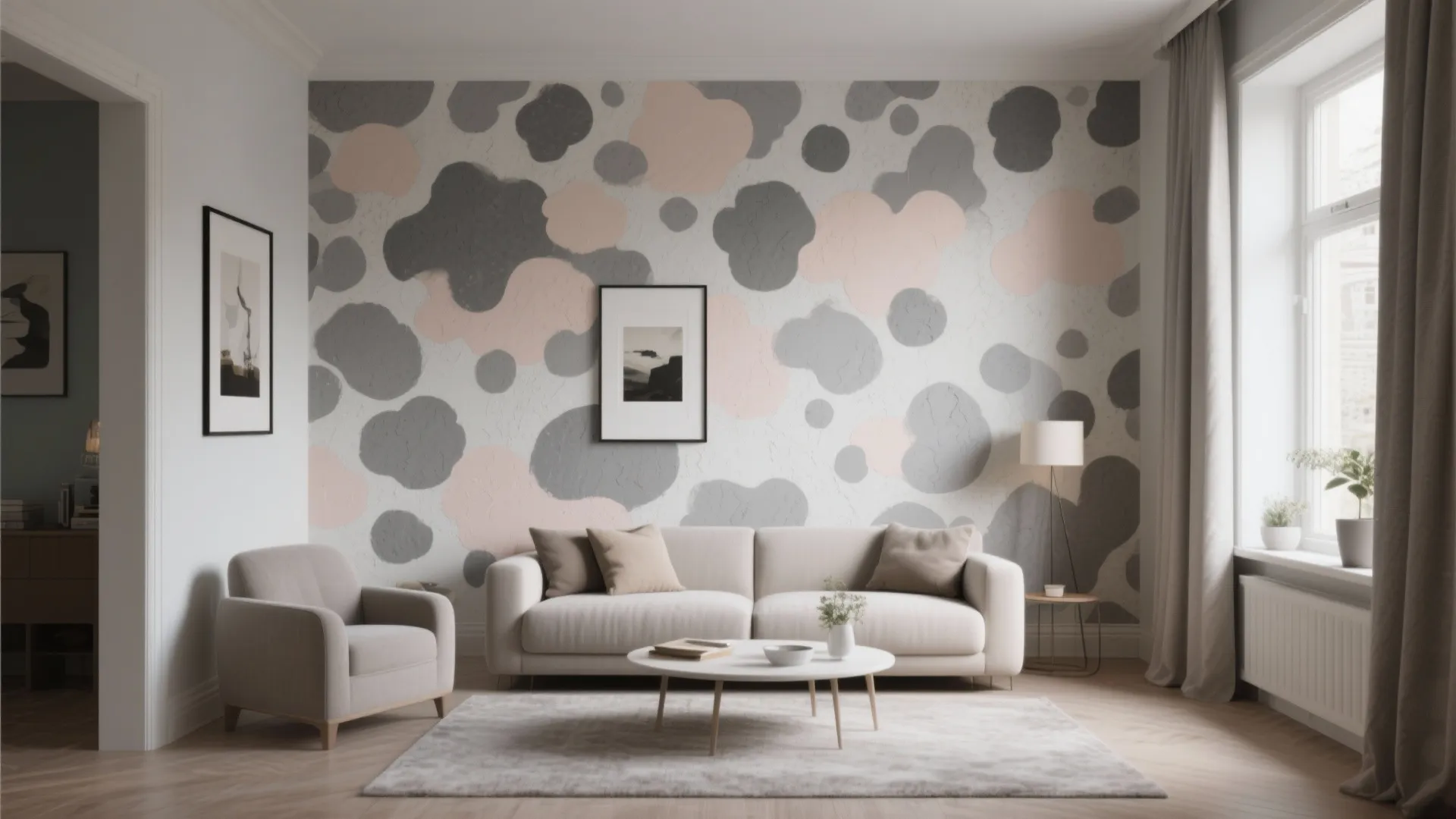 Modern living room with pink and grey spotted wall panel white sofa armchair and round table